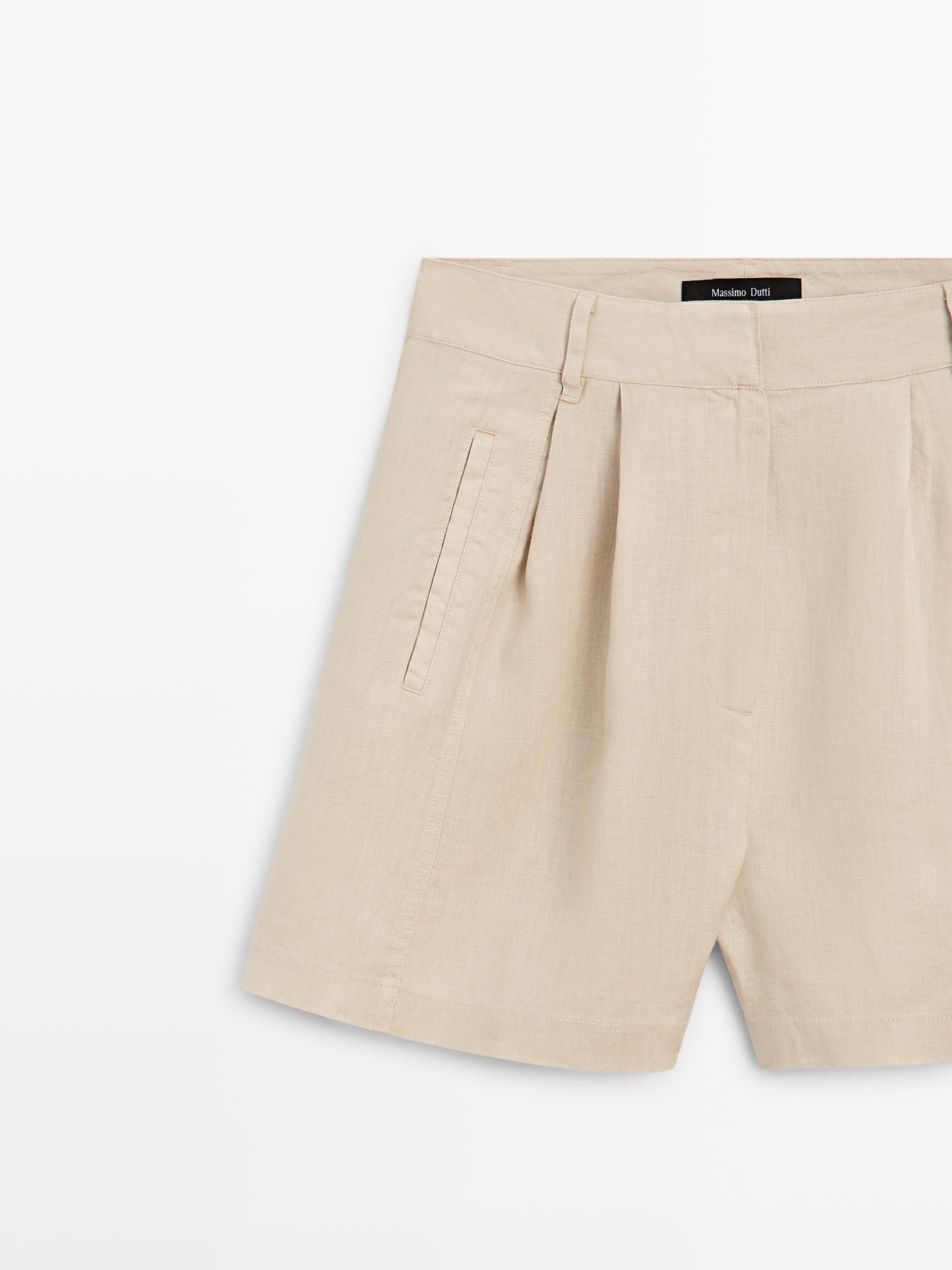 100% linen long Bermuda shorts with darts — SAND