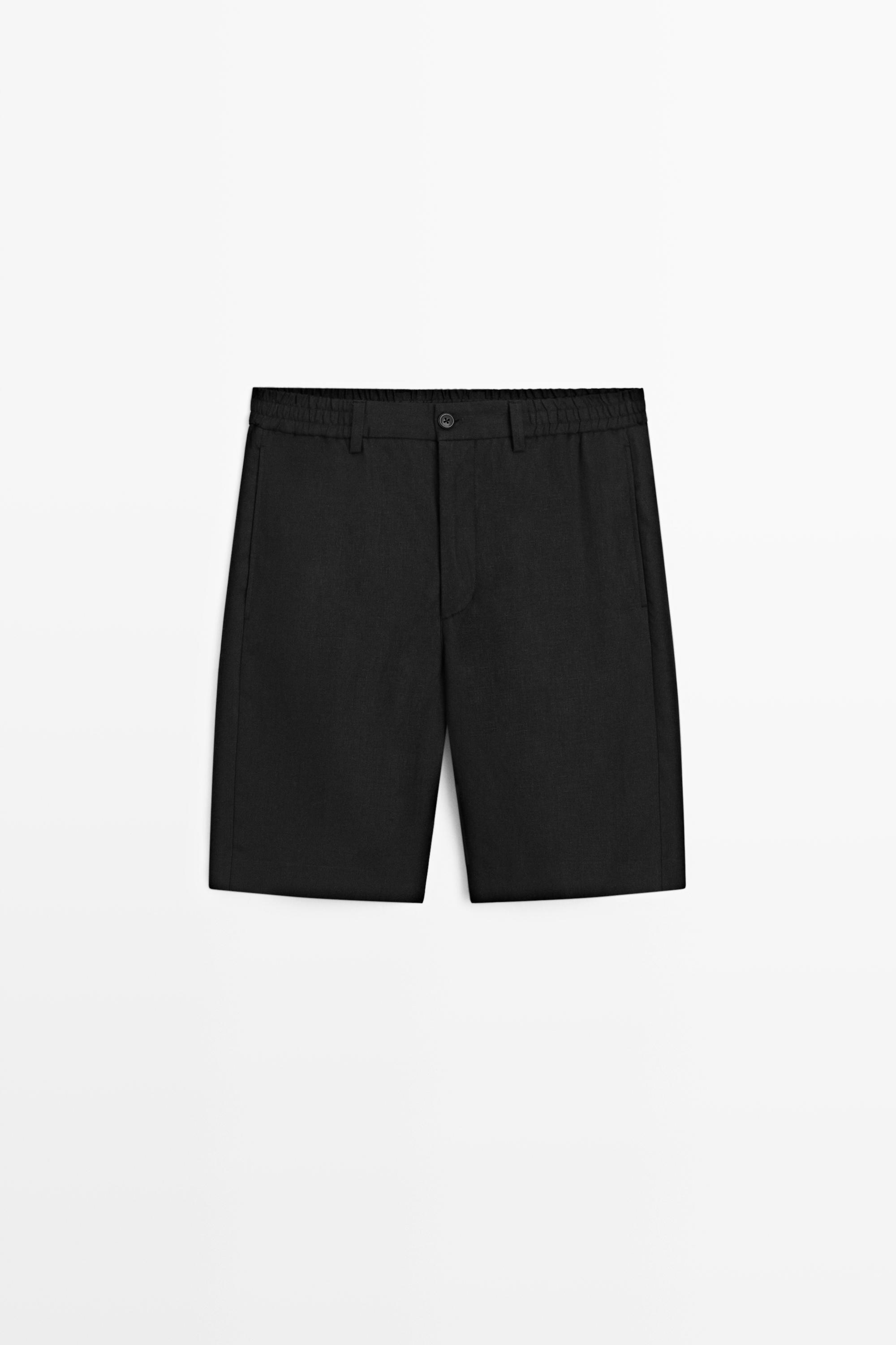 100% linen short Bermuda shorts — BLACK