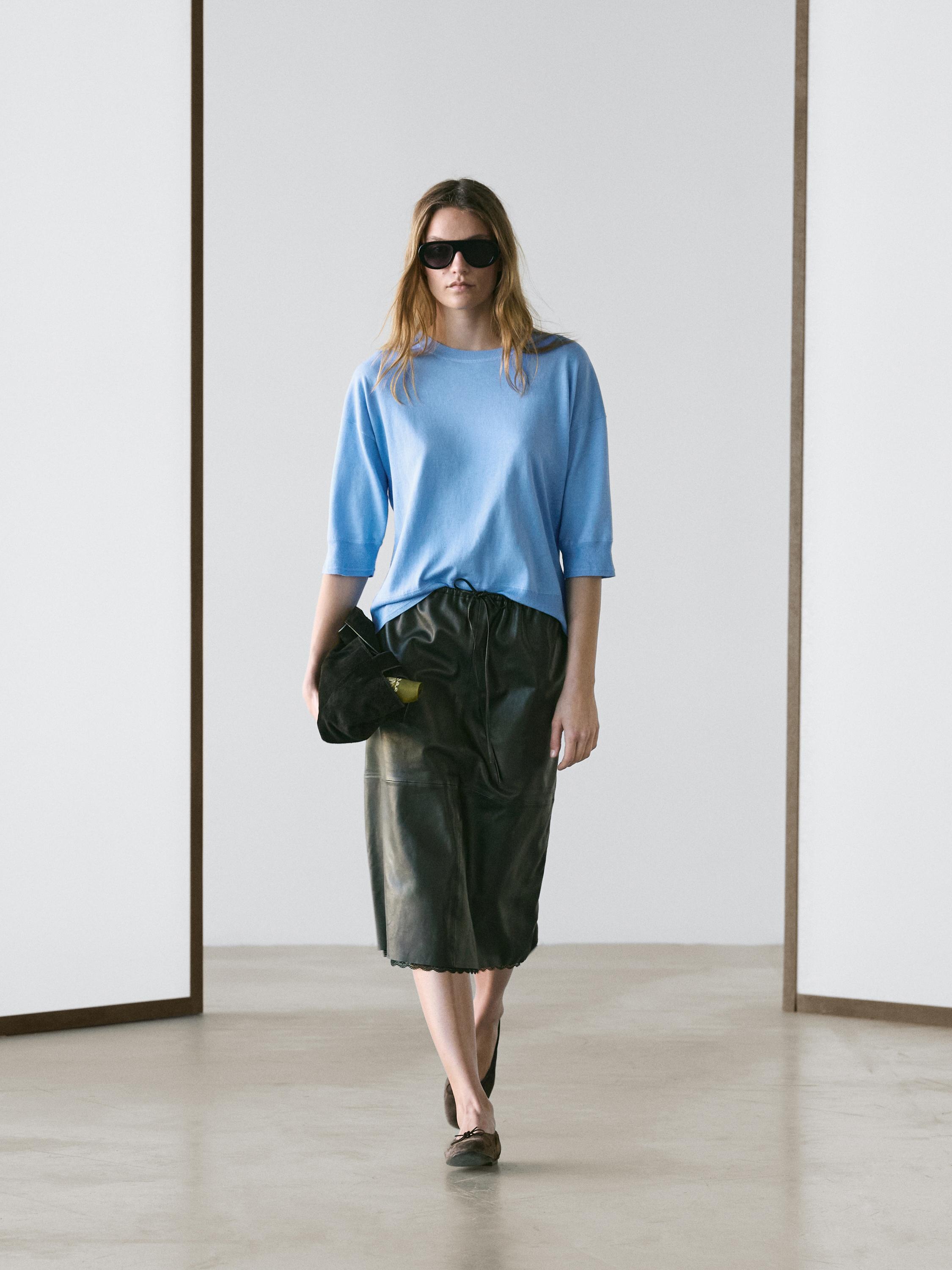 Cotton blend knit short-sleeve sweater