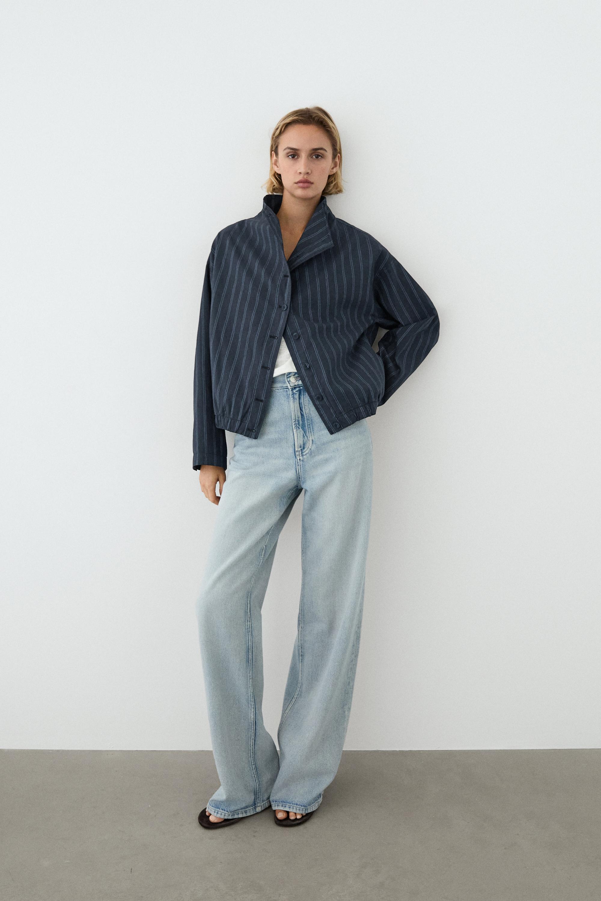 Striped high neck bomber jacket — DARK BLUE