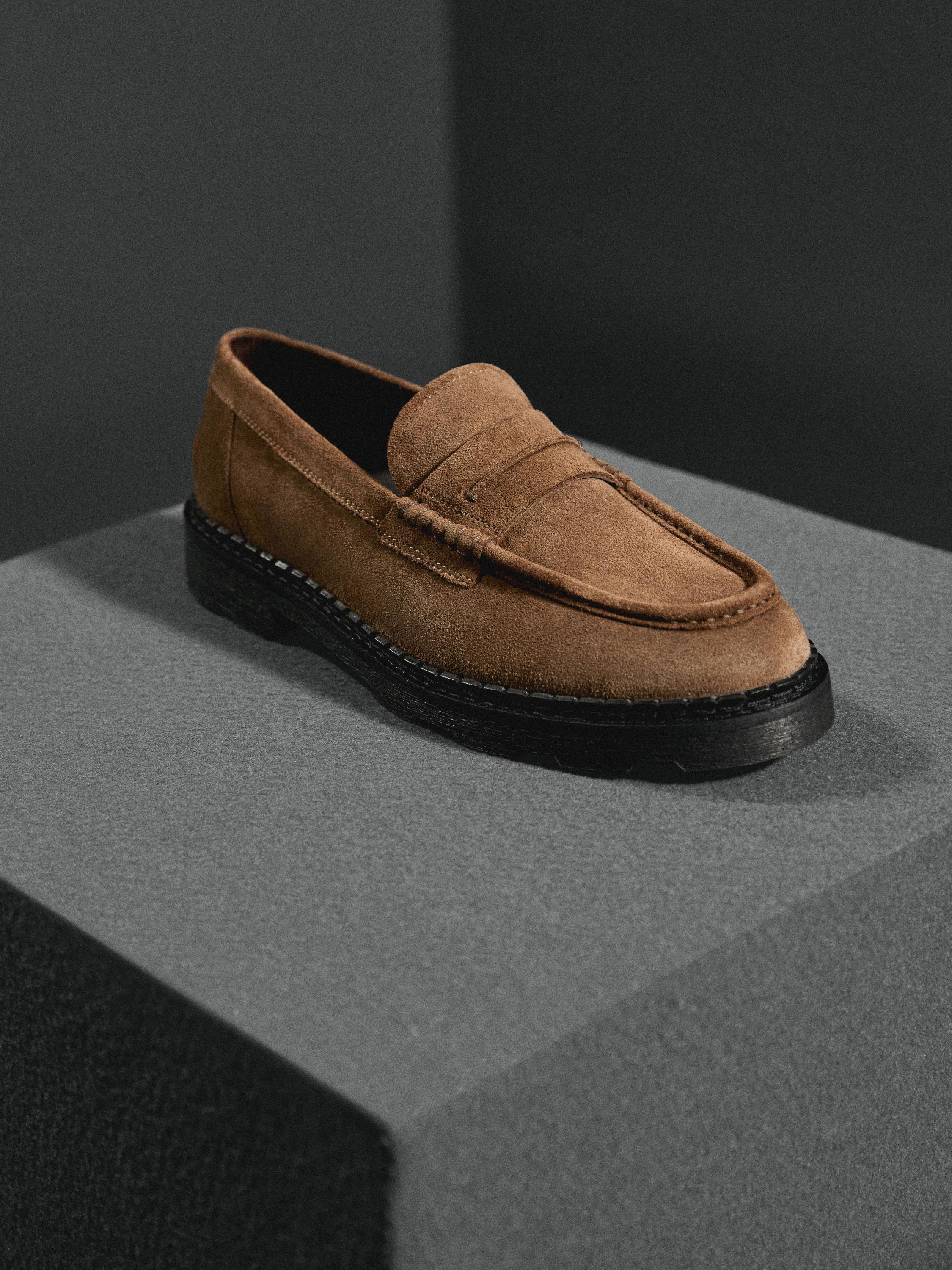 Leather track-sole loafers with penny strap — BROWN