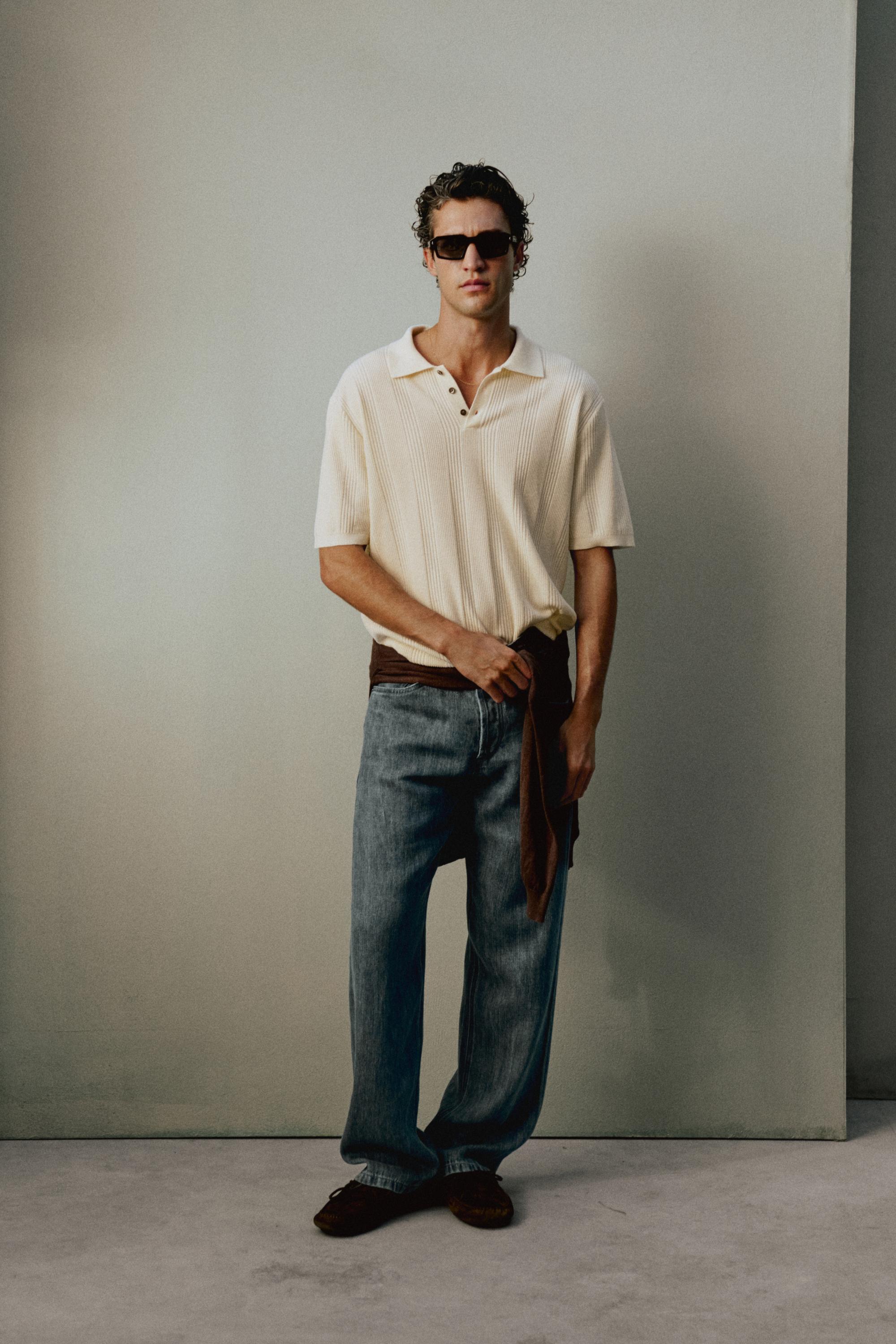 100% cotton textured striped knit polo shirt — CREAM