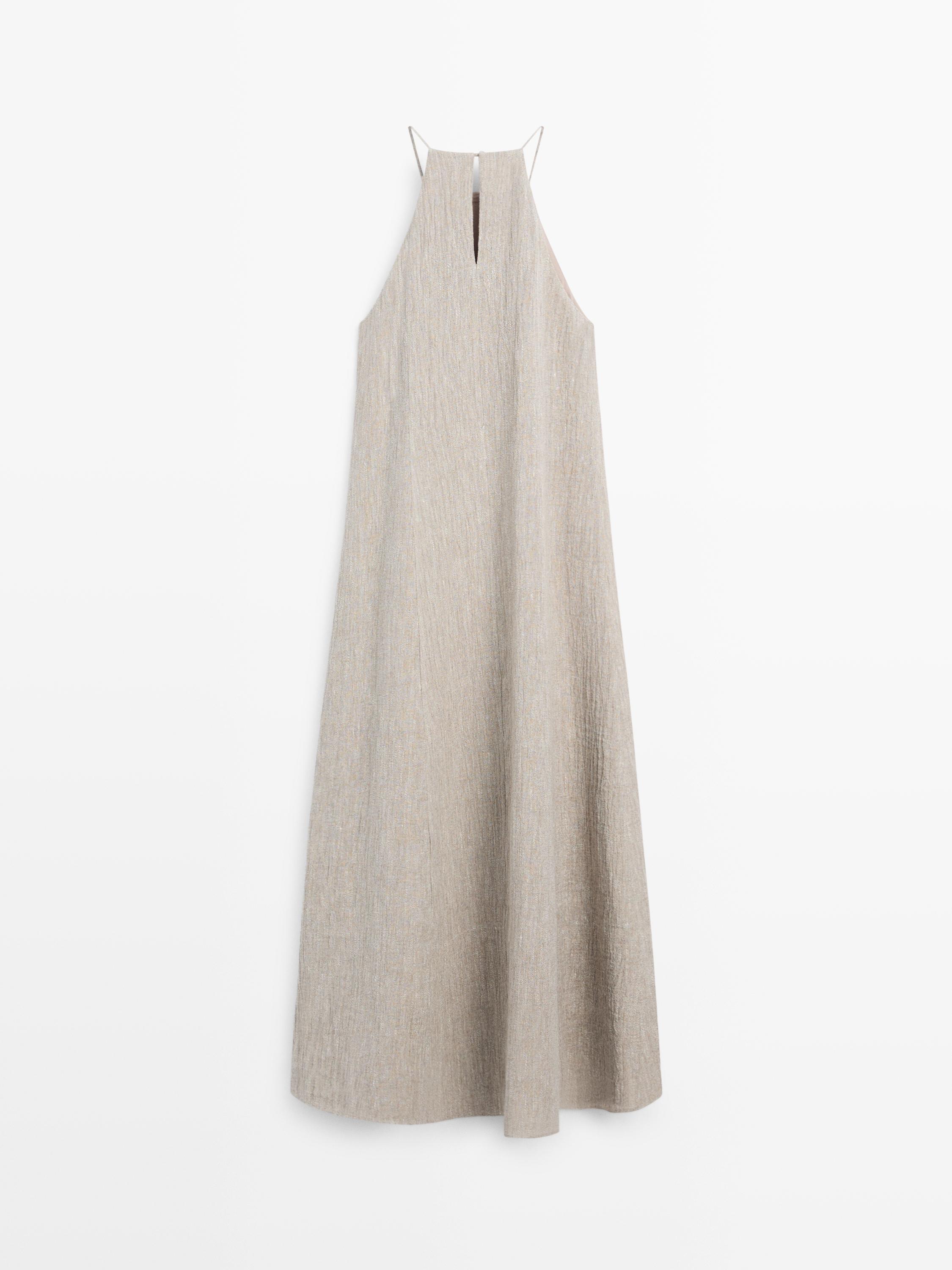 Flowing linen blend dress with gathered neckline — GREY