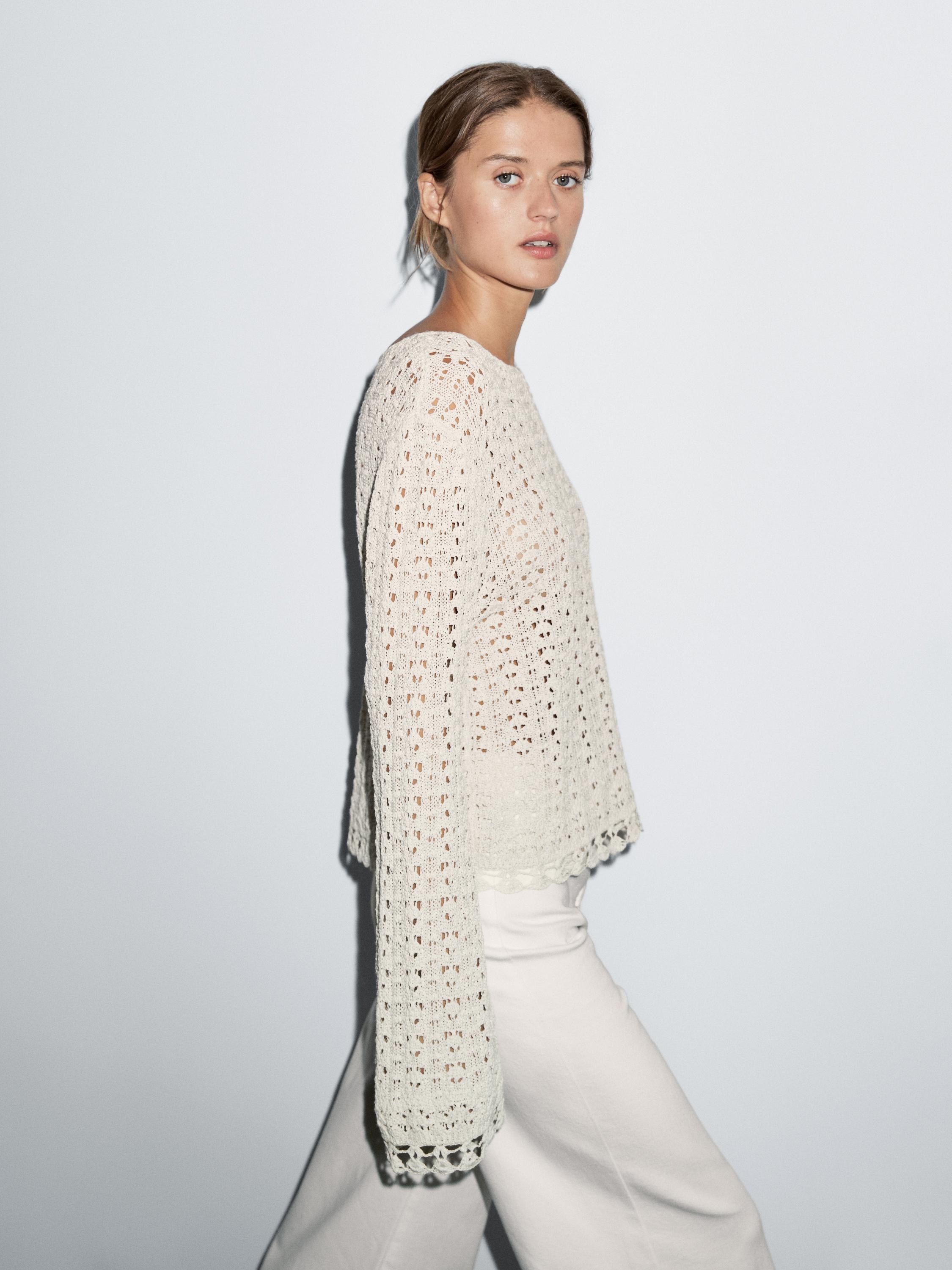 Cotton blend openwork crochet sweater