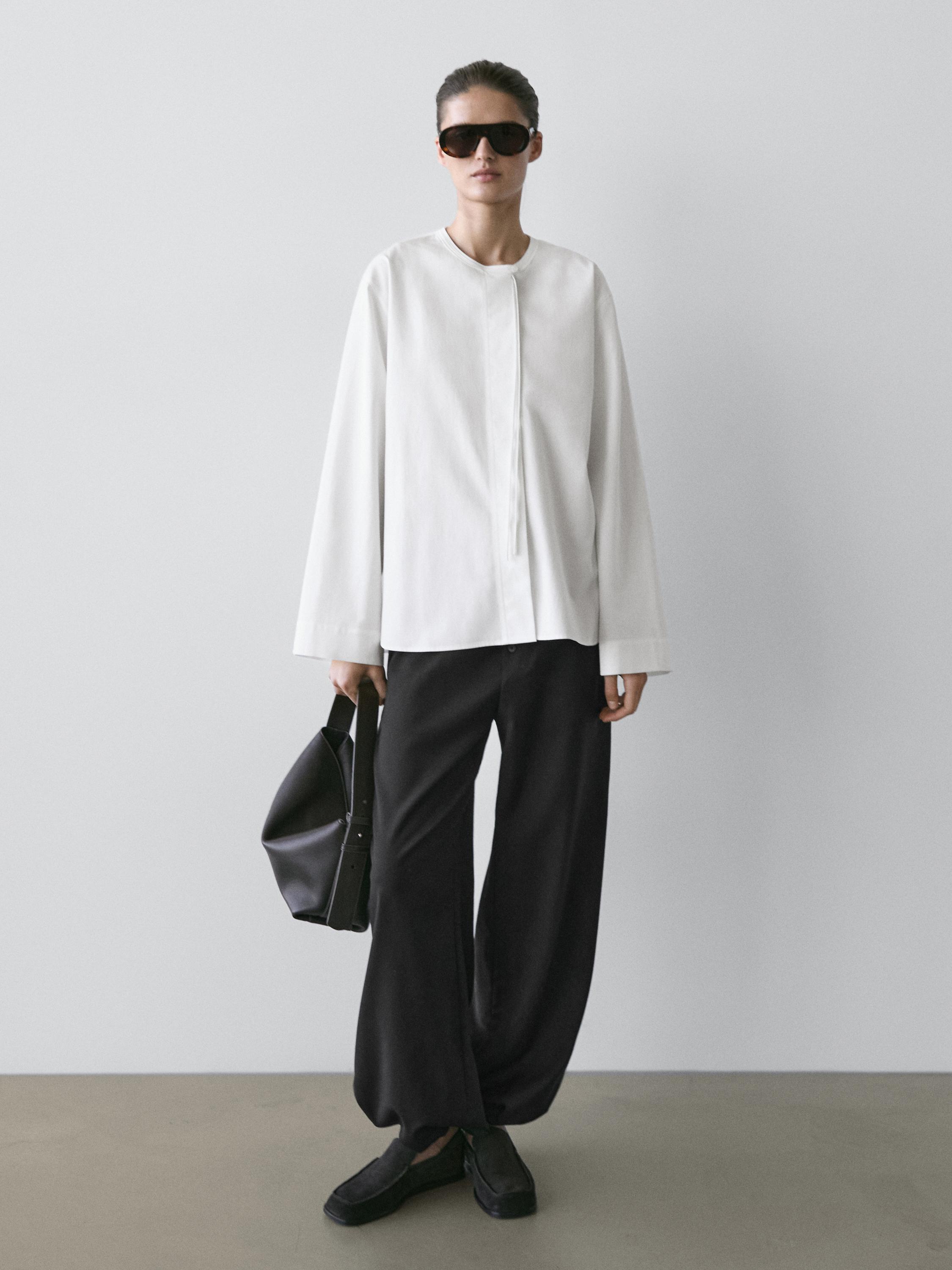 Wool sarouel trousers with tie detail — BLACK