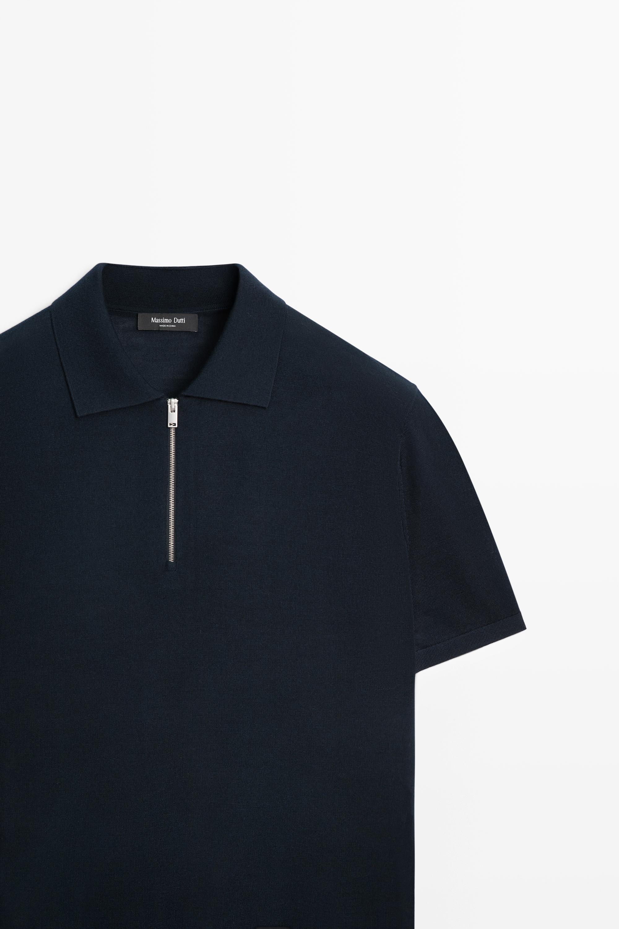 Wool blend zip-detail polo shirt — NAVY BLUE