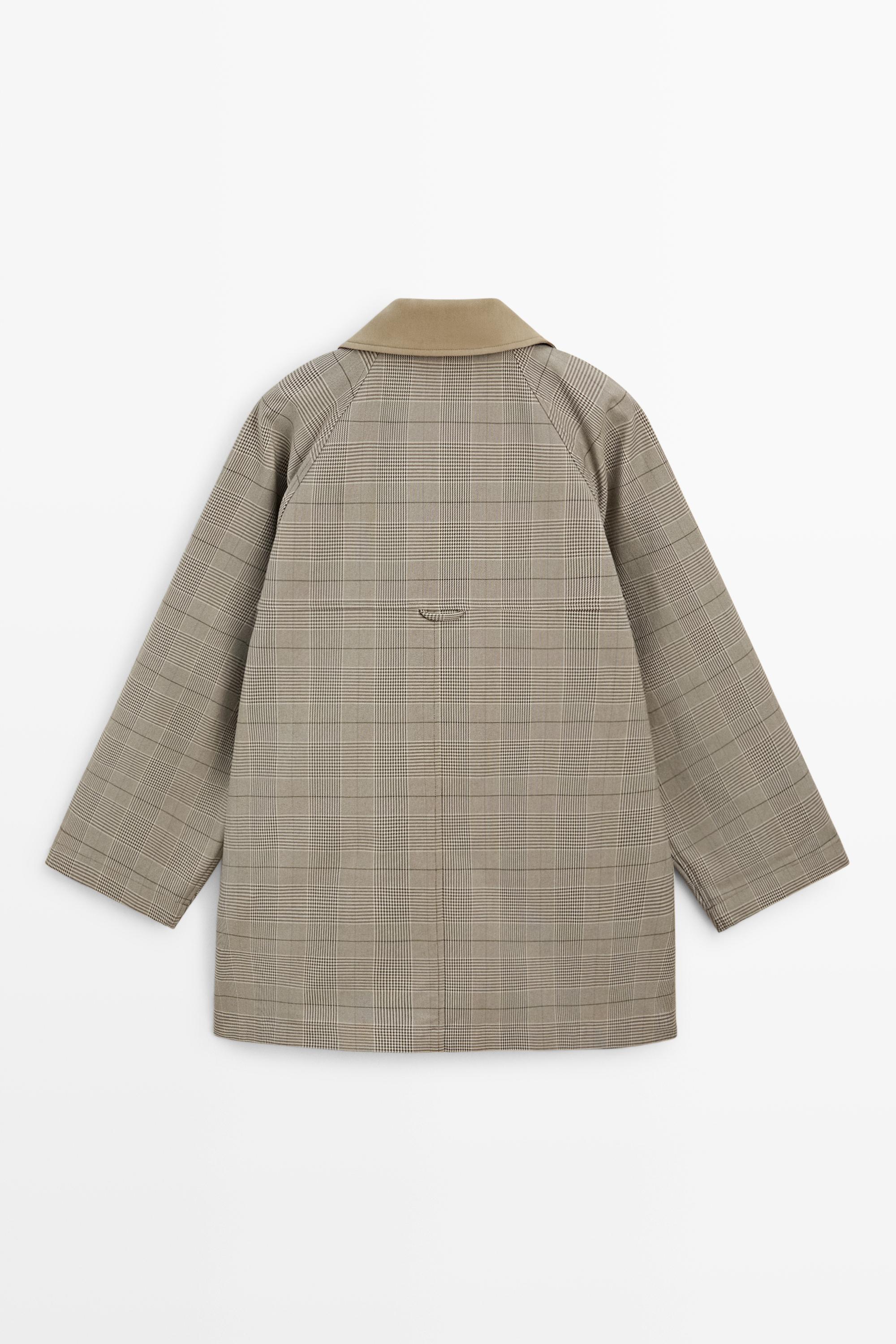 Cotton blend plaid high neck jacket — KHAKI