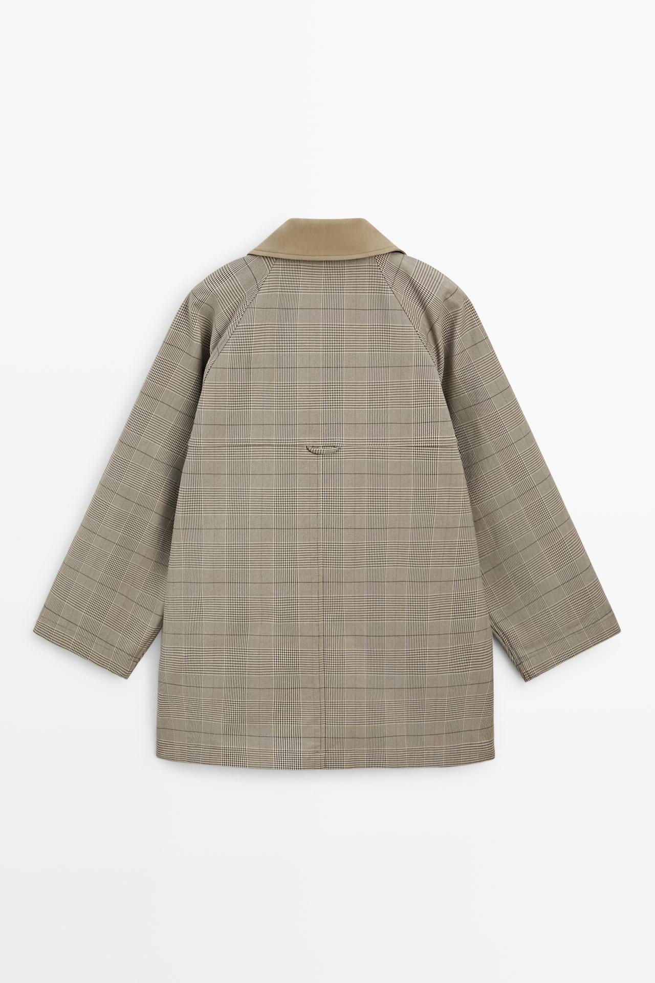 Cotton blend plaid high neck jacket — KHAKI