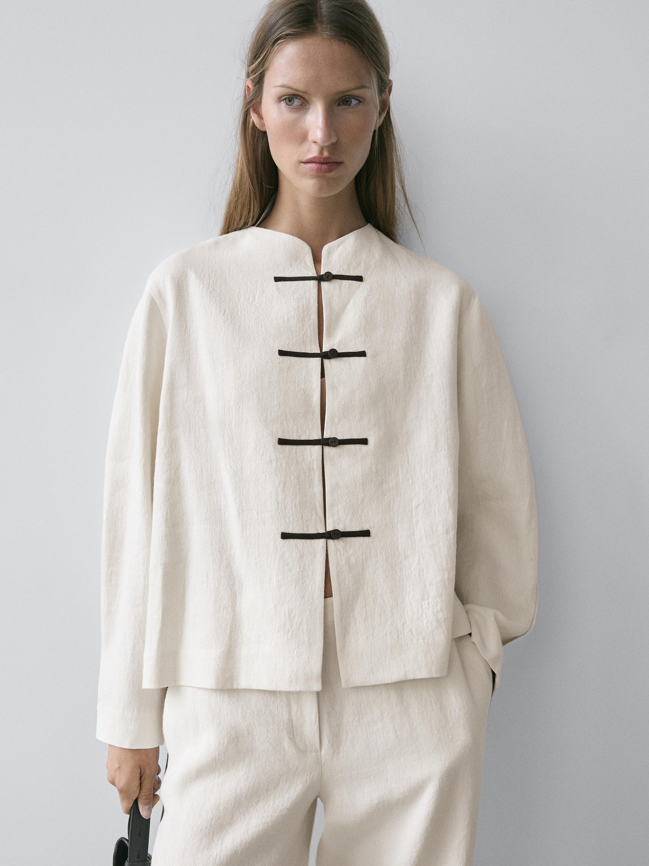 Linen overshirt with button details — CREAM