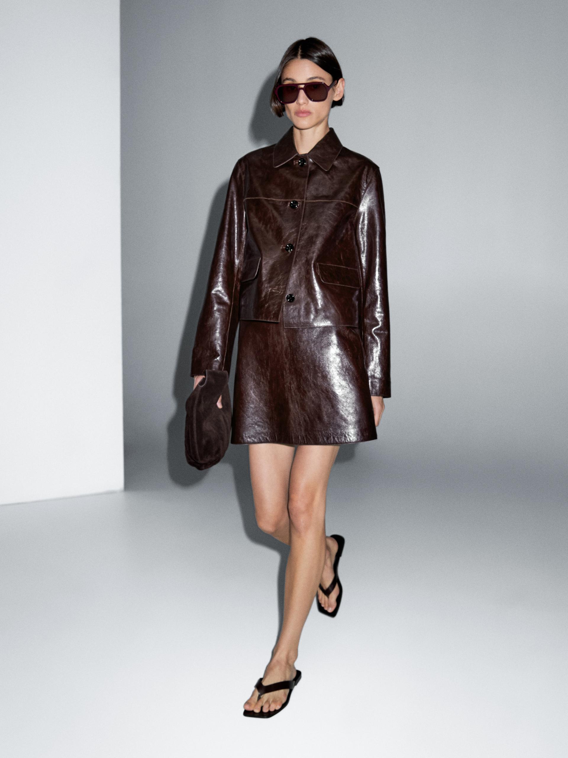 Krótka Kurtka Ze Skóry Nappa - Bordowy - Xs - Massimo Dutti - Kobieta