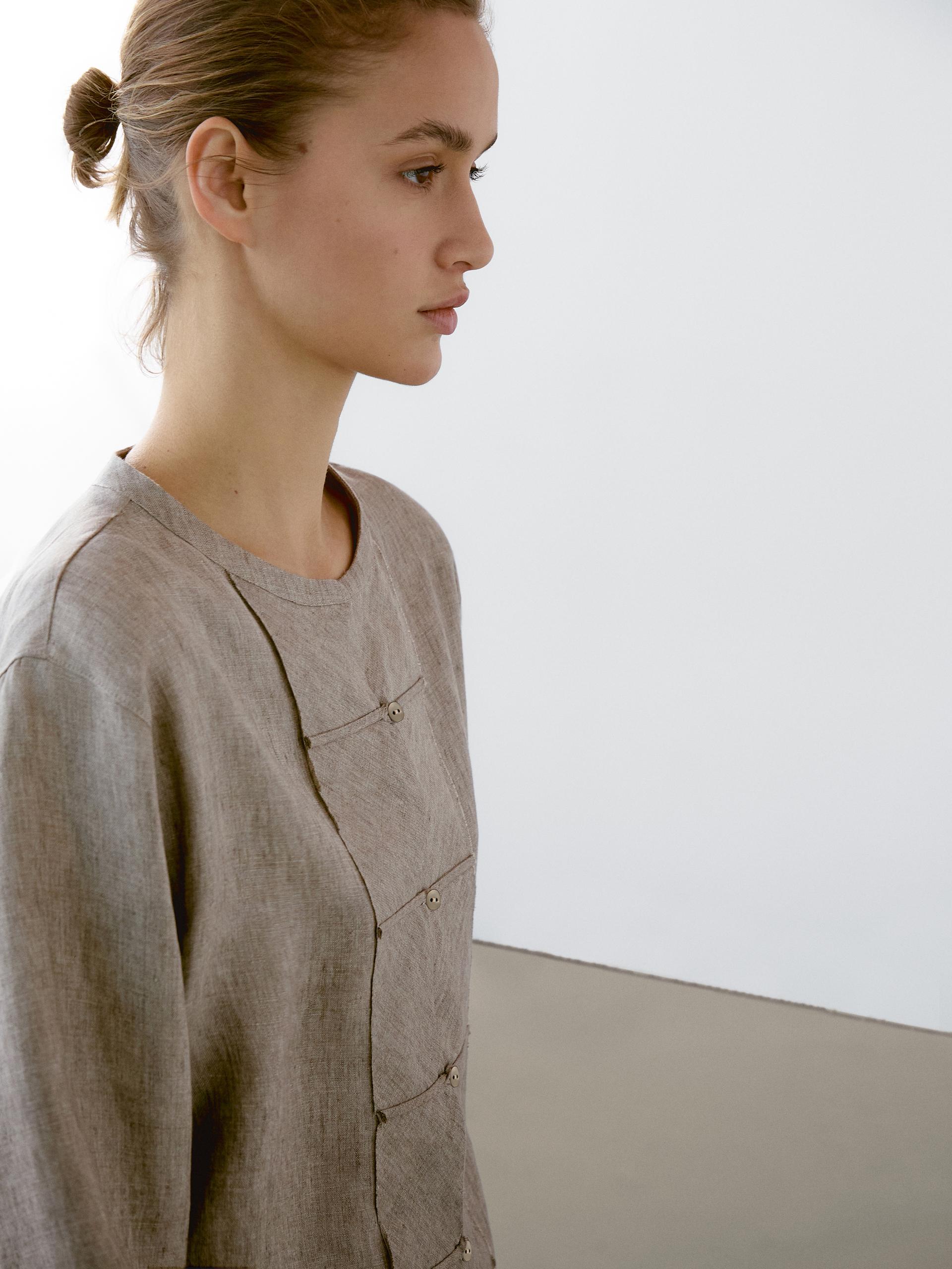 Camicetta Con Collo Alla Coreana 100% Lino Mélange - Marrone Topo - S - Massimo Dutti - Femminile