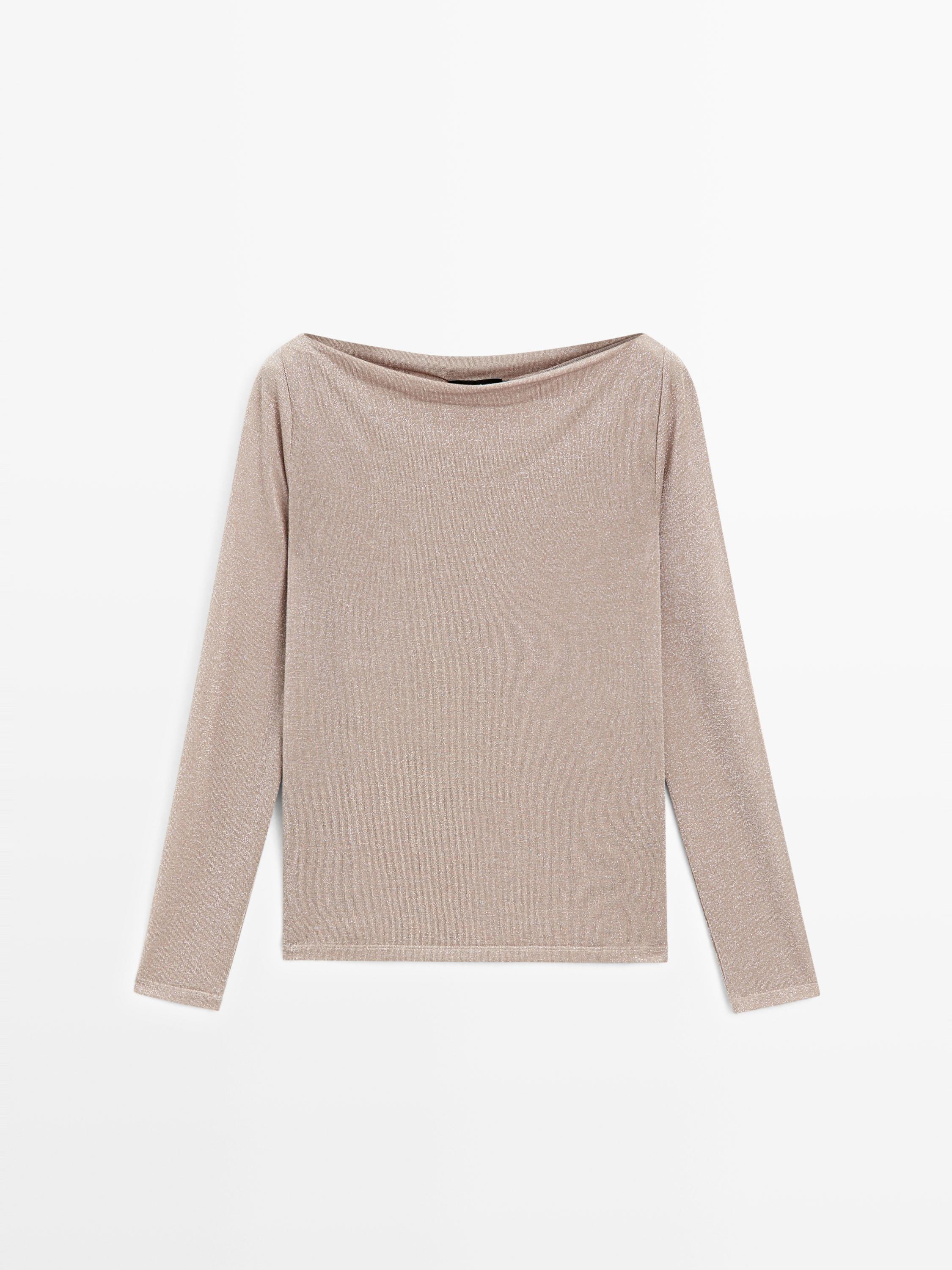 Boat neck T-shirt with metallic finish