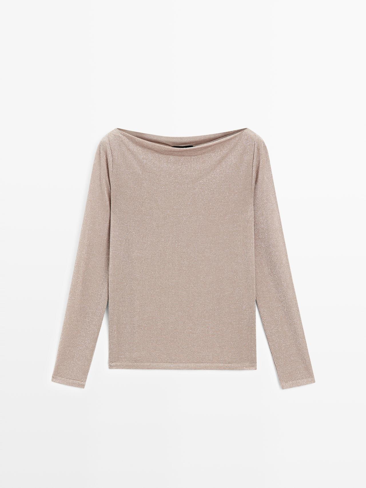 Massimo Dutti - Dame - T-Shirt Med Bådudskæring Og Metallisk Finish - Champagnefarvet - Xs