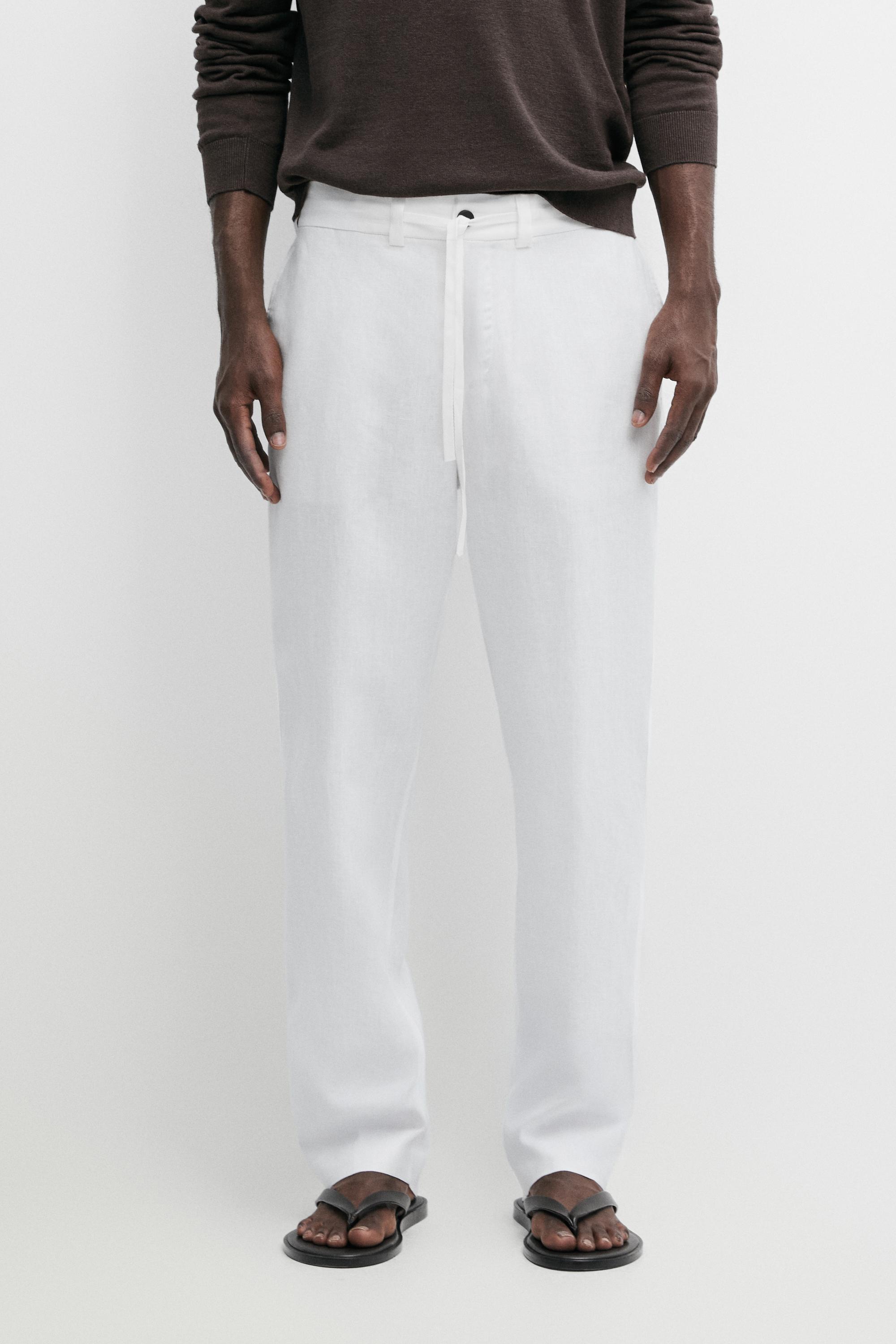 100% linen trousers with elasticated waist — WHITE