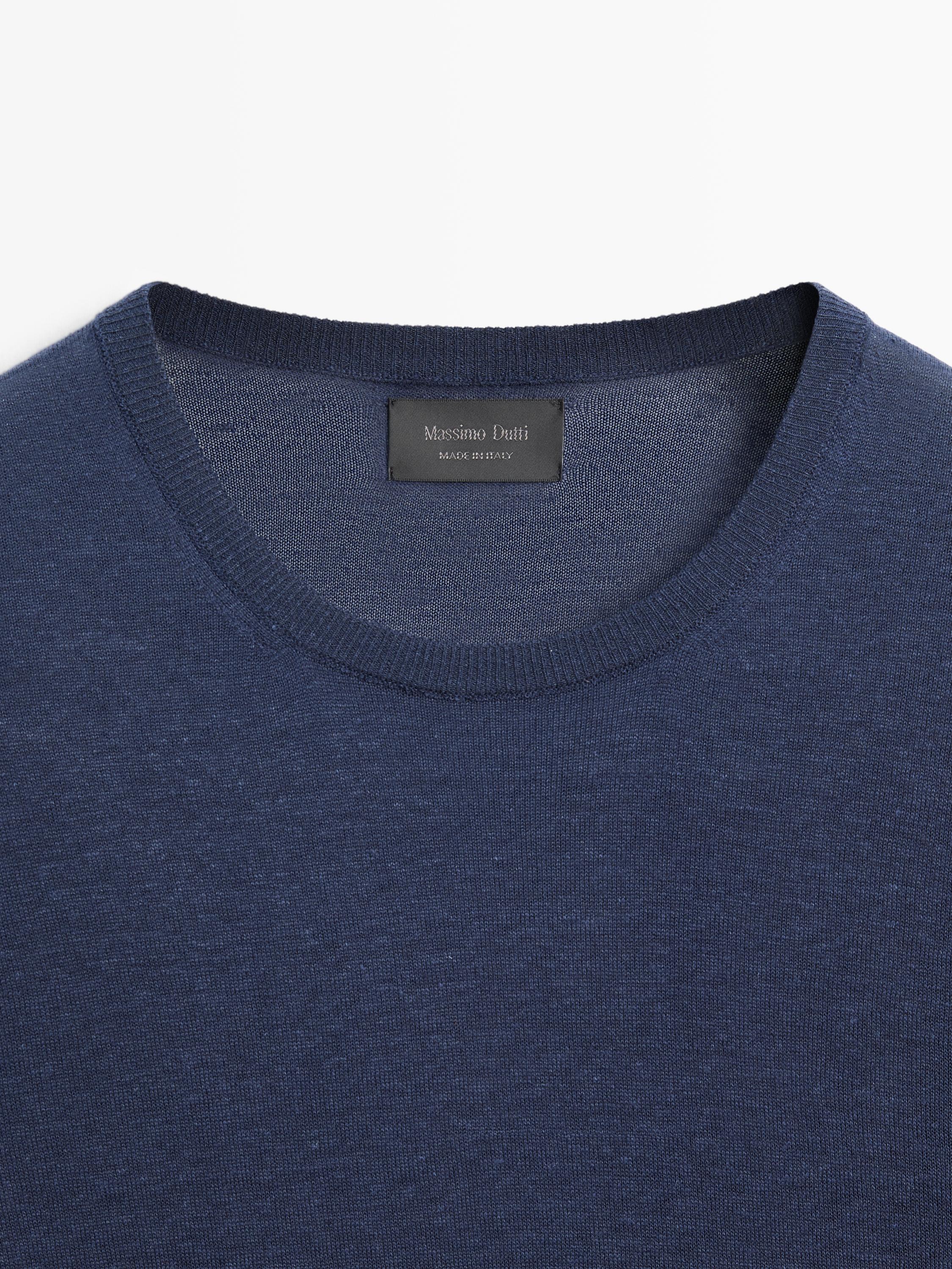 Linen and cashmere knit crew neck sweater — NAVY BLUE