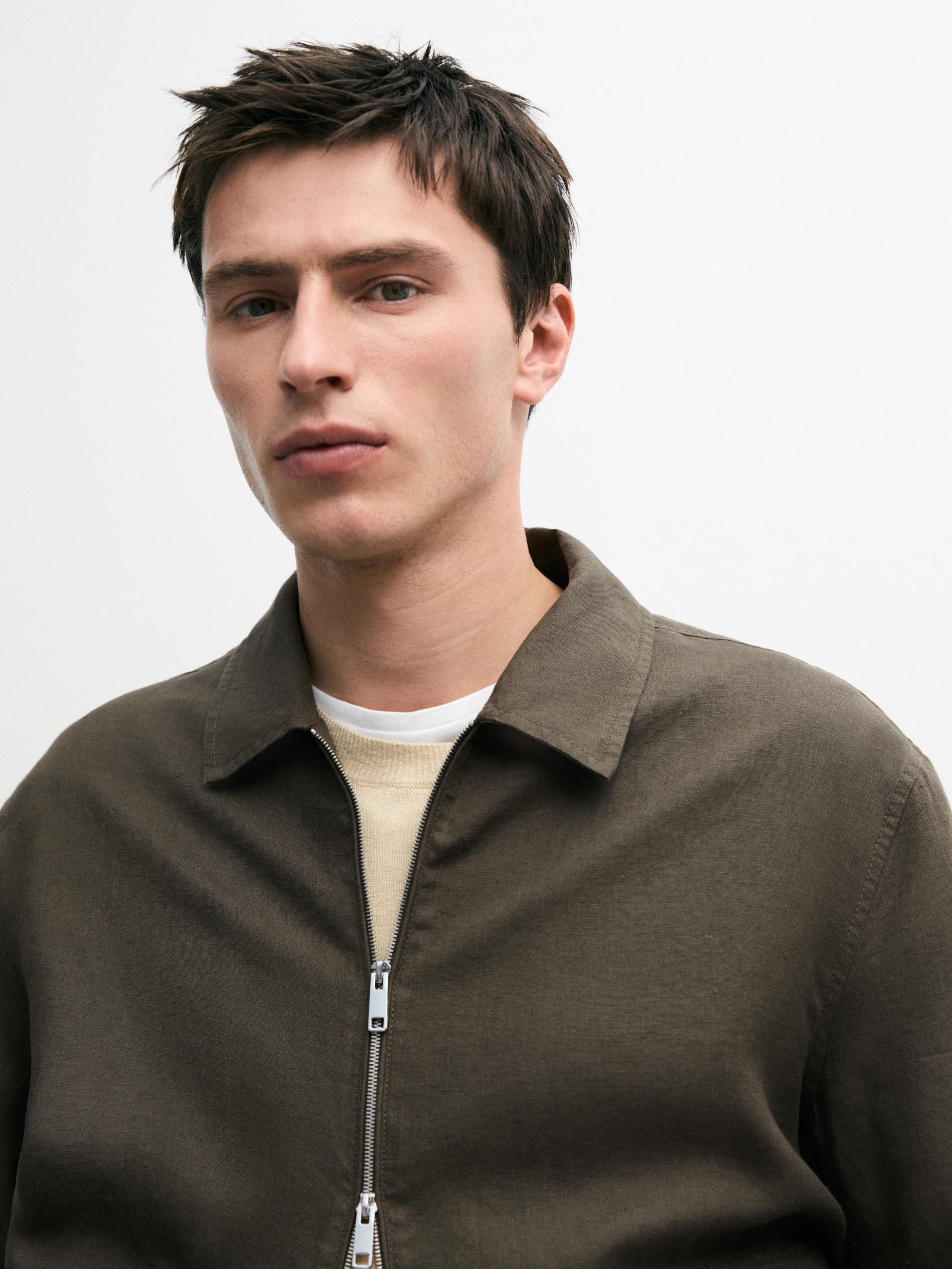 Cropped 100% linen jacket — KHAKI