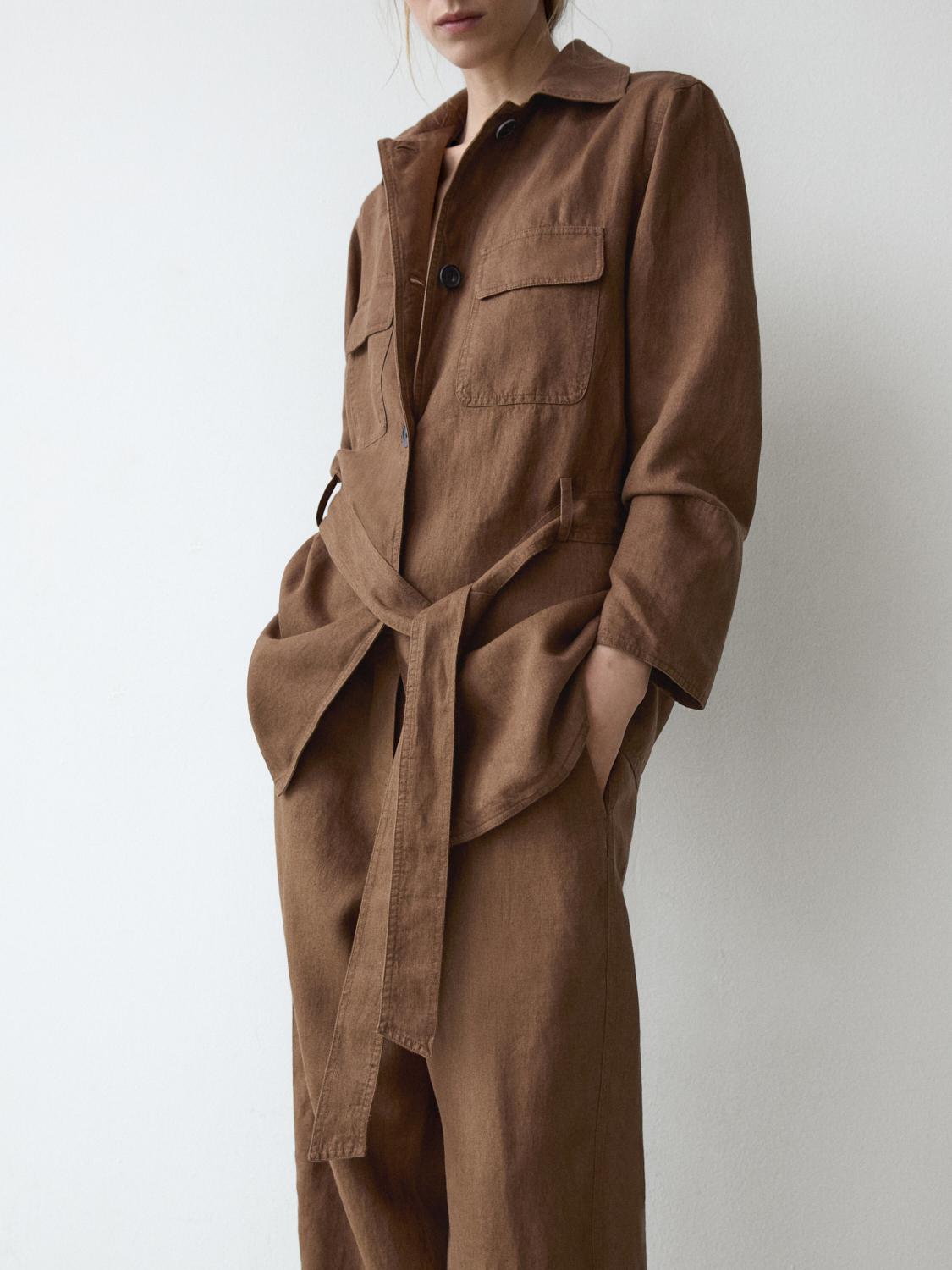 100% linen blazer with pockets and belt detail — BROWN