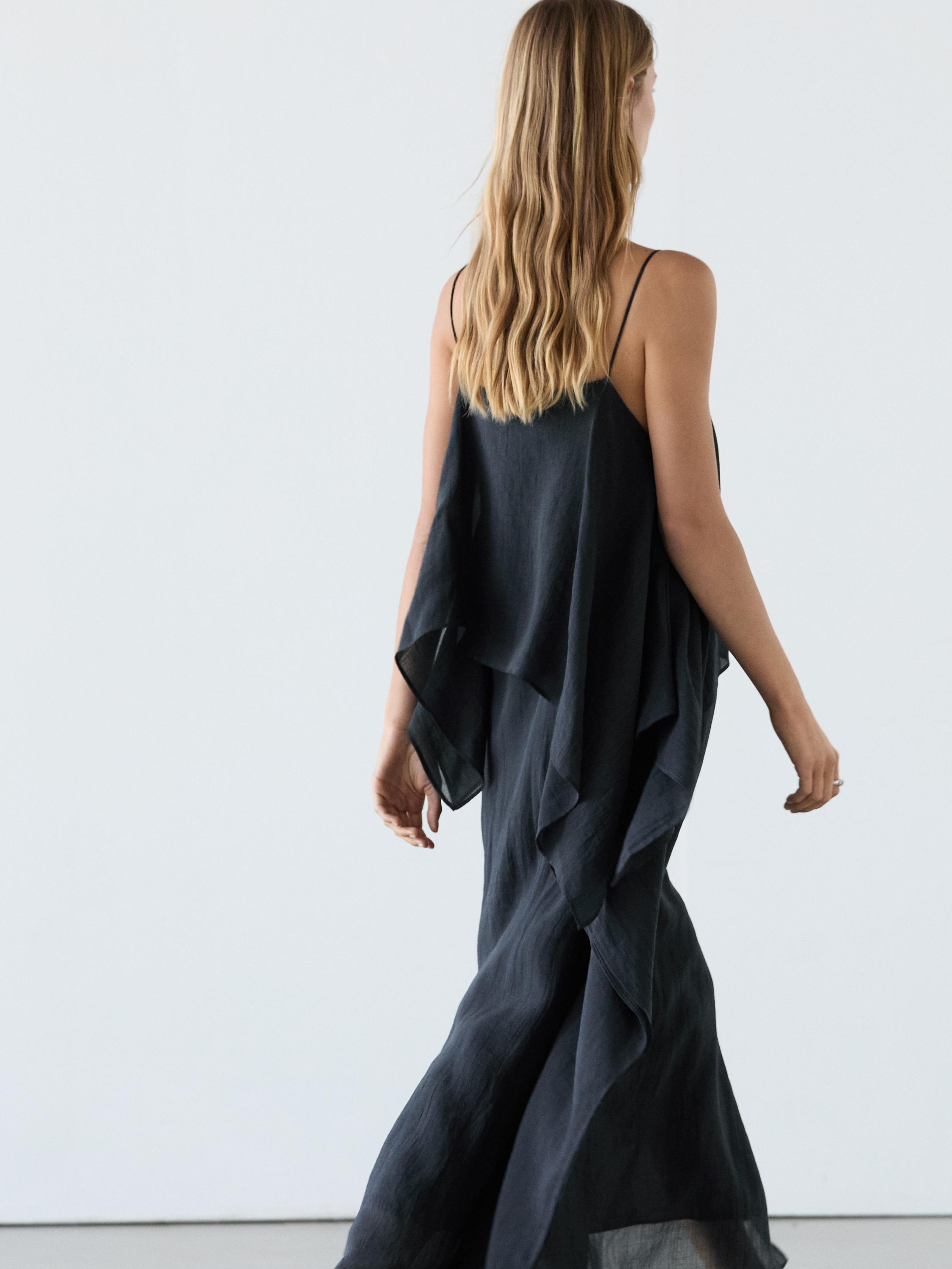 Midi dress with asymmetric ruffle detail — Dark Blue
