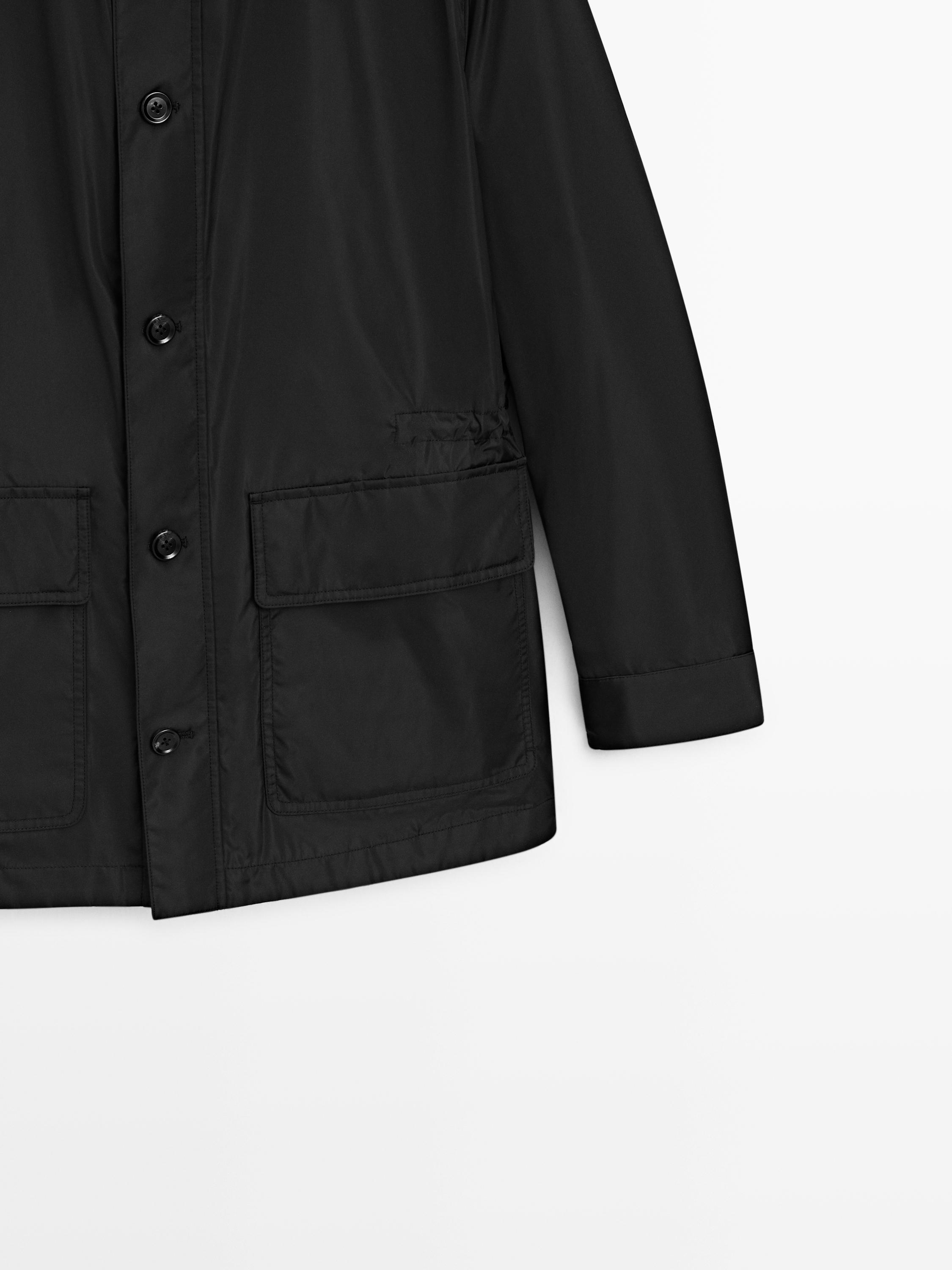 Hooded parka with fabric detail — BLACK