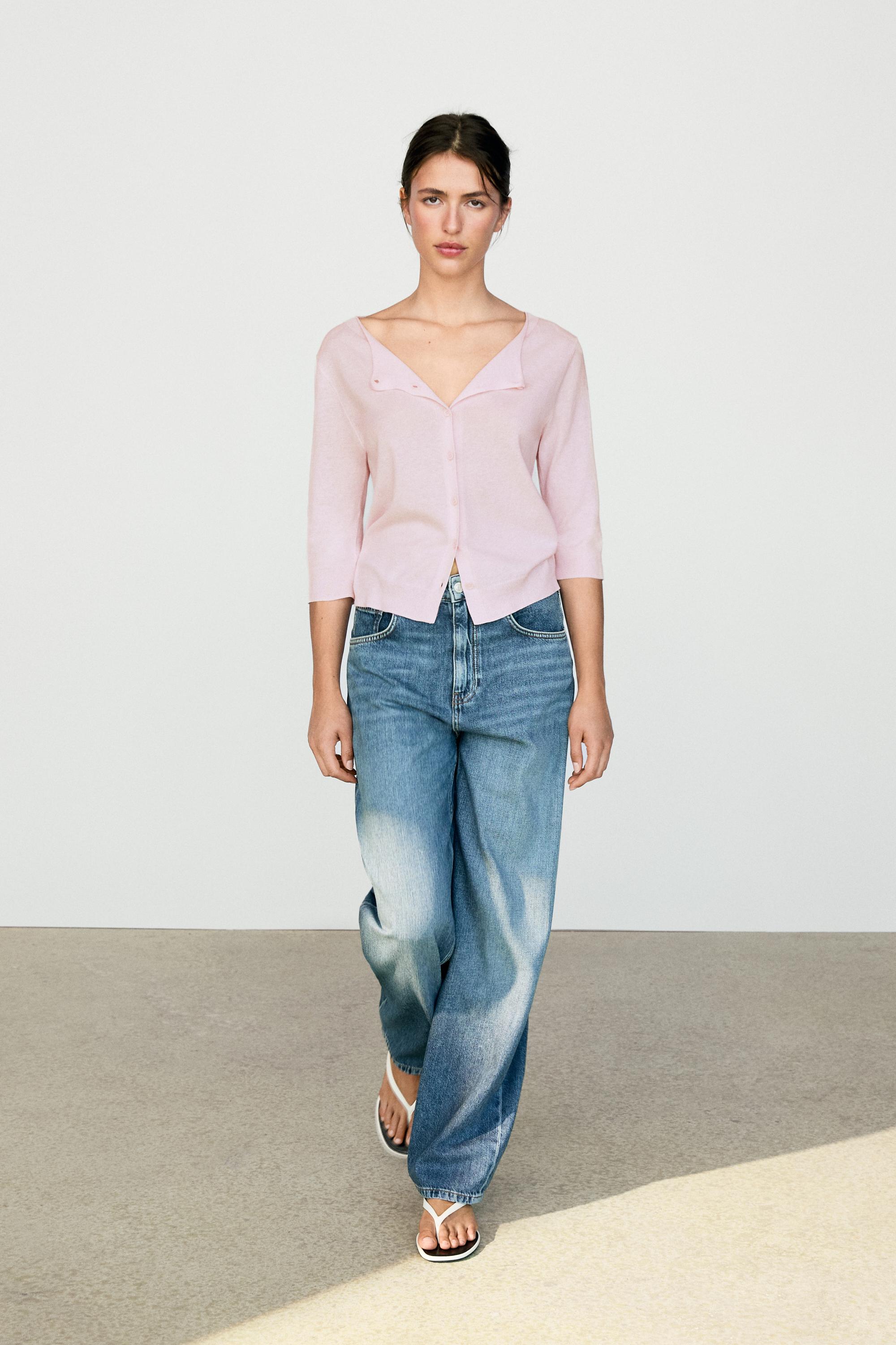 Cotton blend boat neck cardigan — PALE PINK