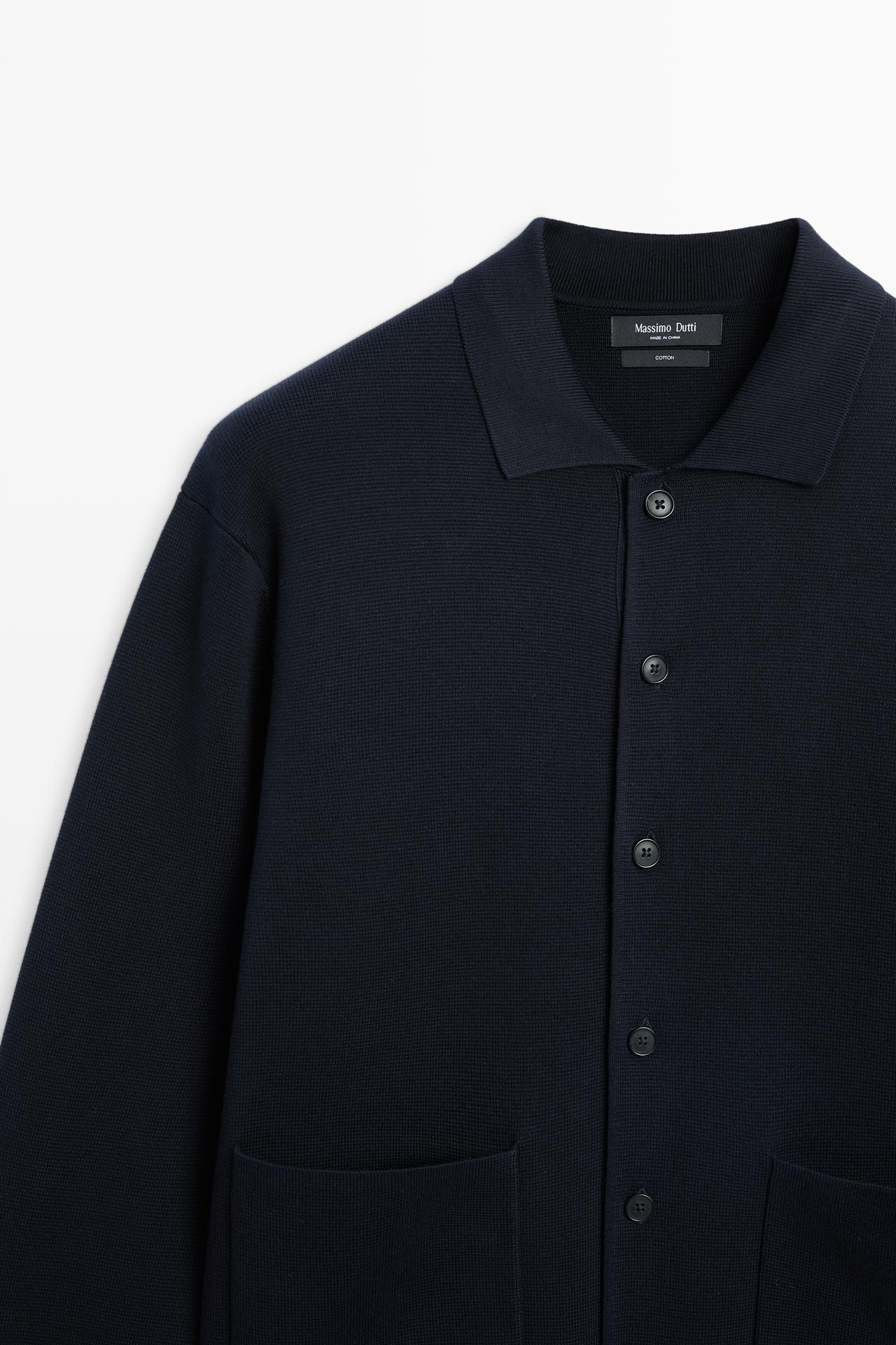 100% cotton knit polo collar cardigan — NAVY BLUE