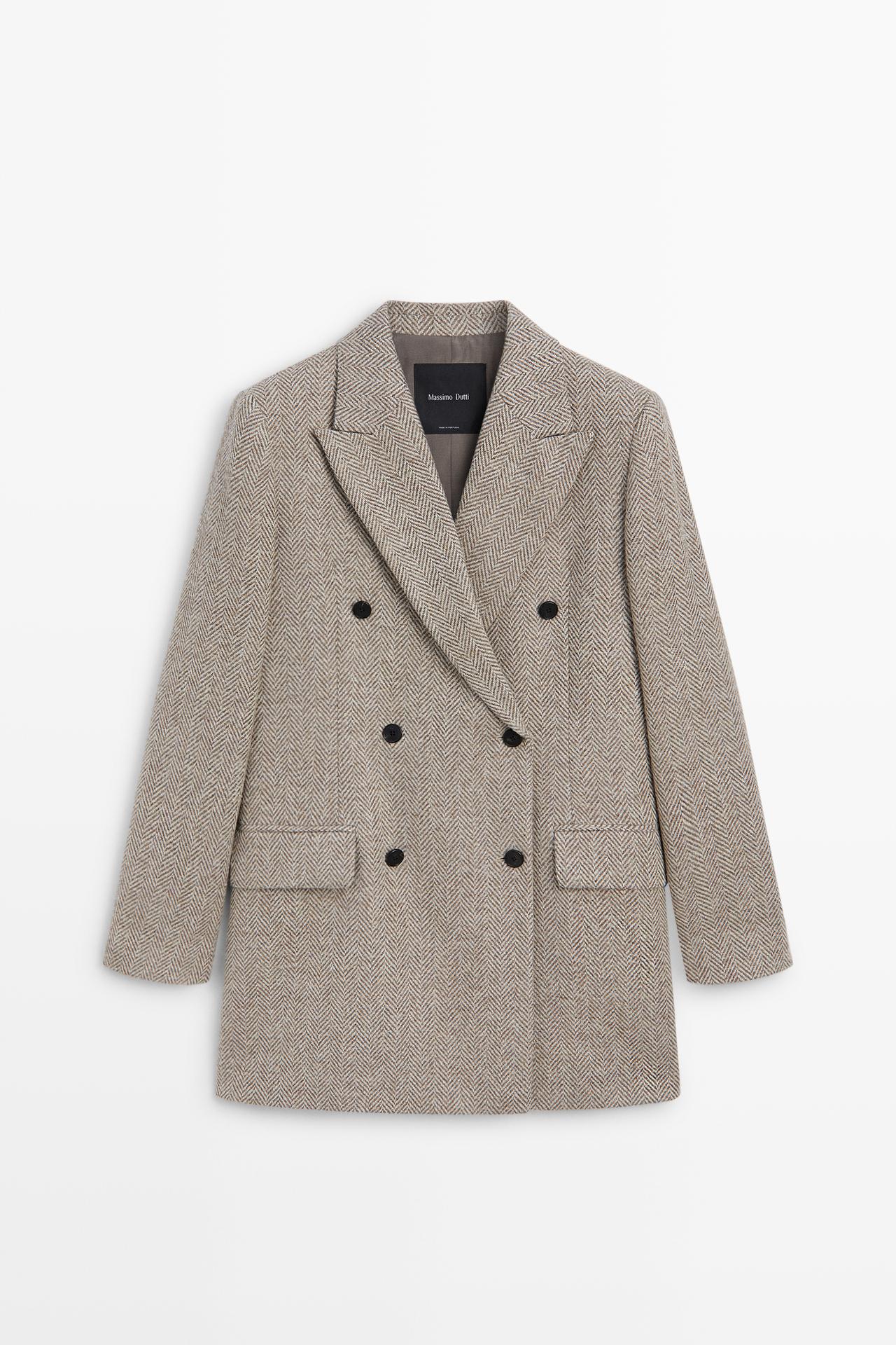 Mid-length double-breasted herringbone coat — SAND