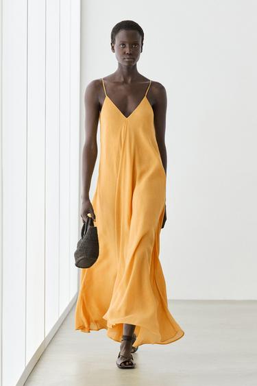 Linen blend flowing V-neck dress — YELLOW 1