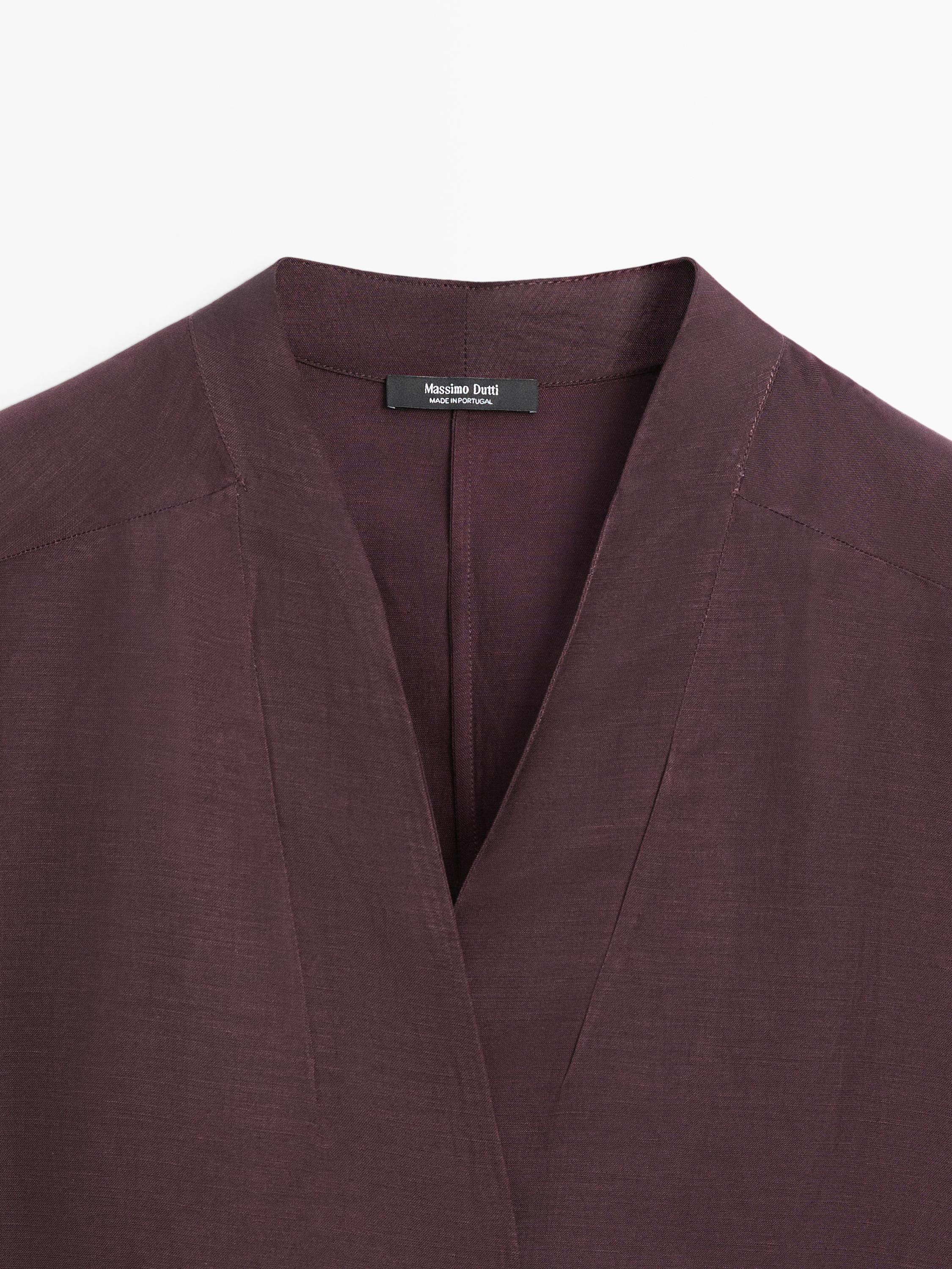 Linen blend shirt with bow detail — AUBERGINE