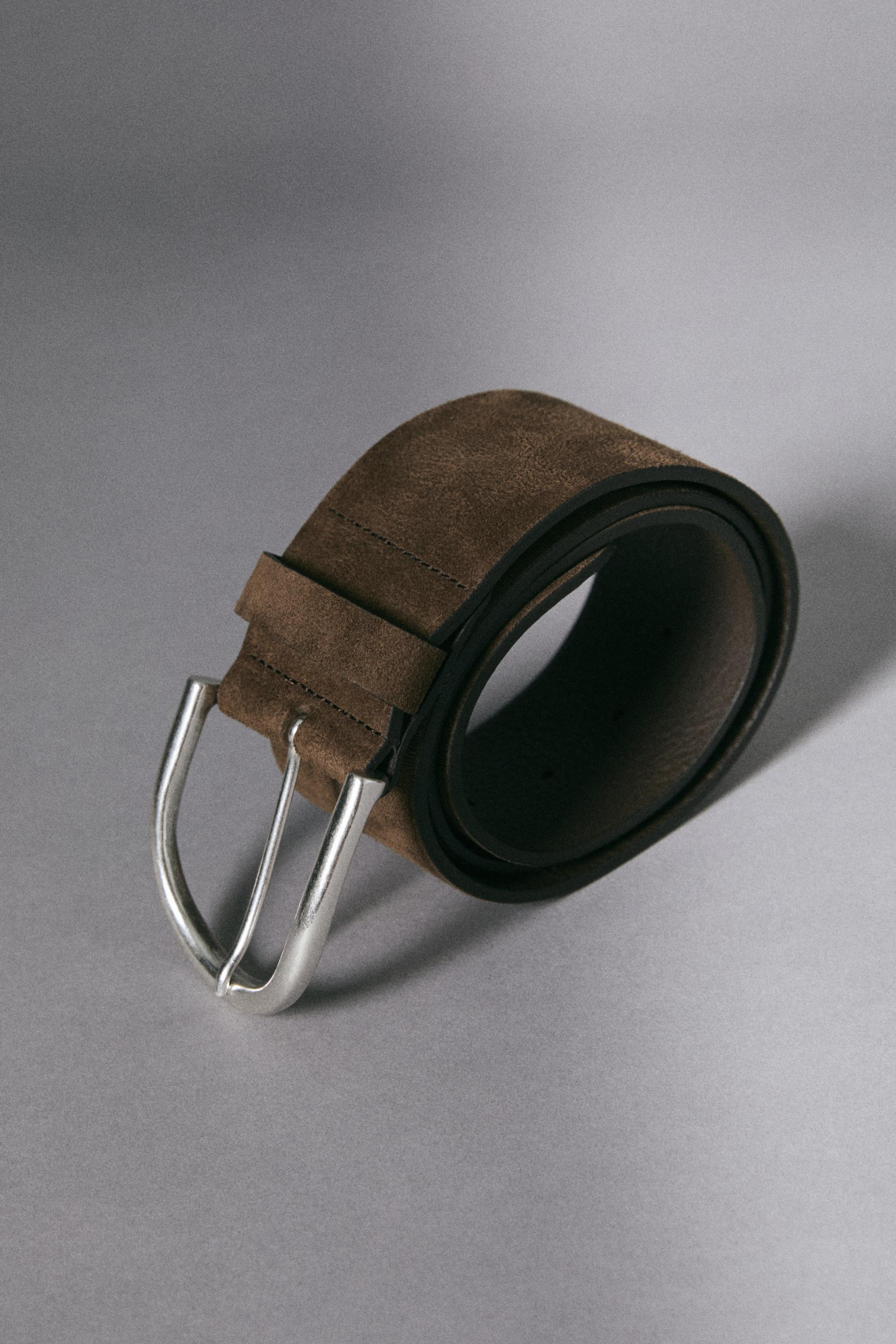 Split suede leather belt with metallic buckle — KHAKI