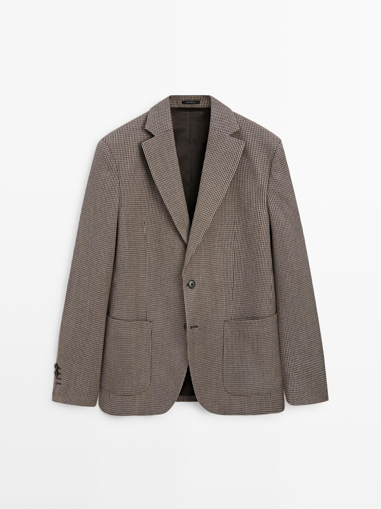 Massimo Dutti - Herre - Blazer Med Hanefjedsmønster I Uldblanding - Råhvid - 52