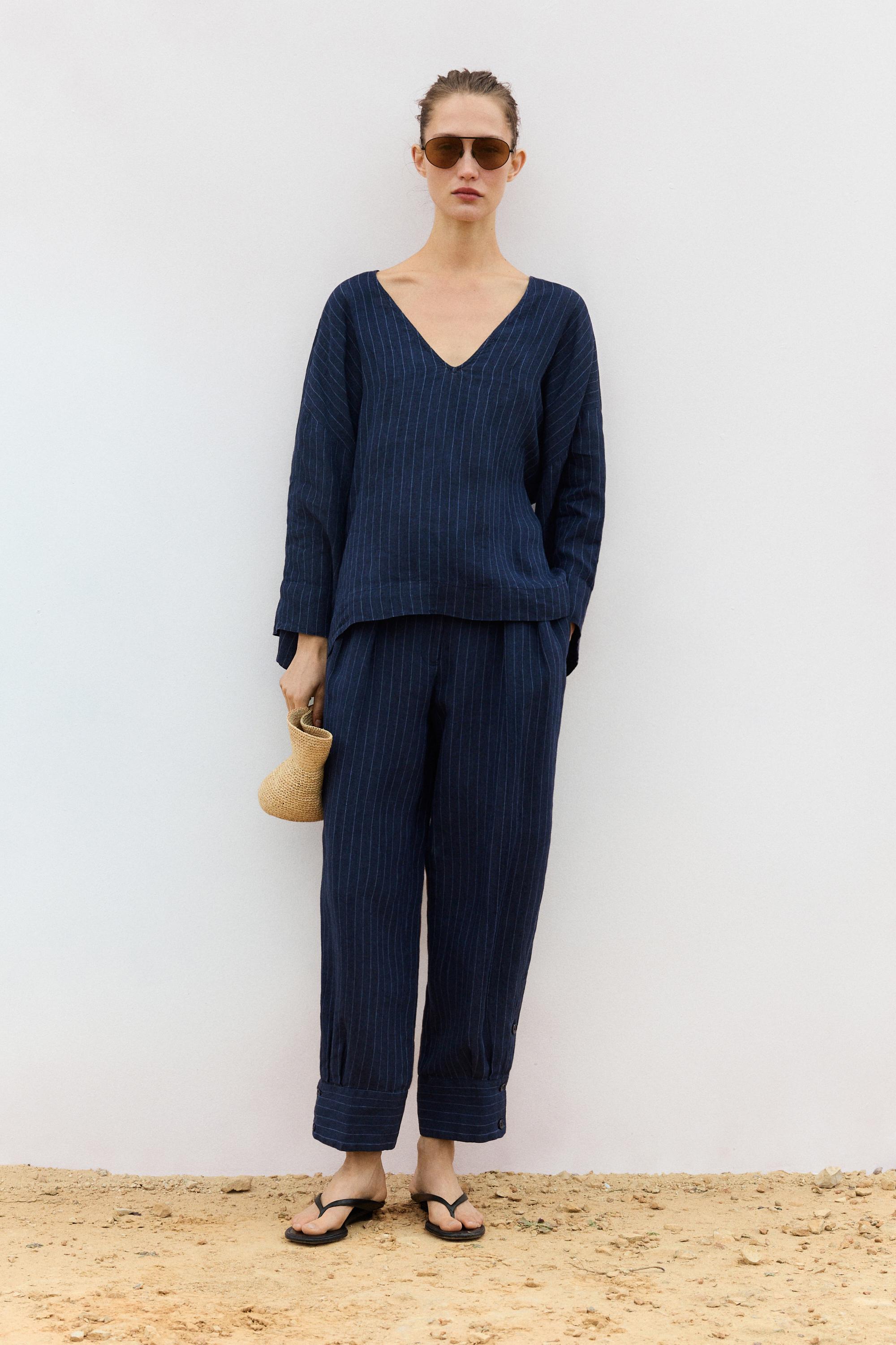 Striped linen blouse with back detail — DARK BLUE