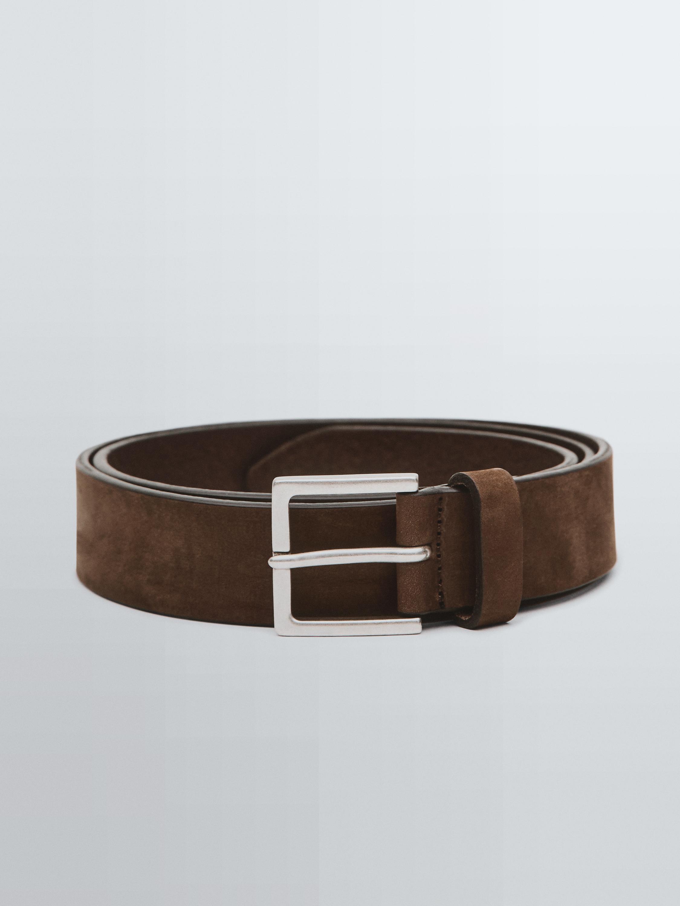 Leather belt with square buckle — BROWN