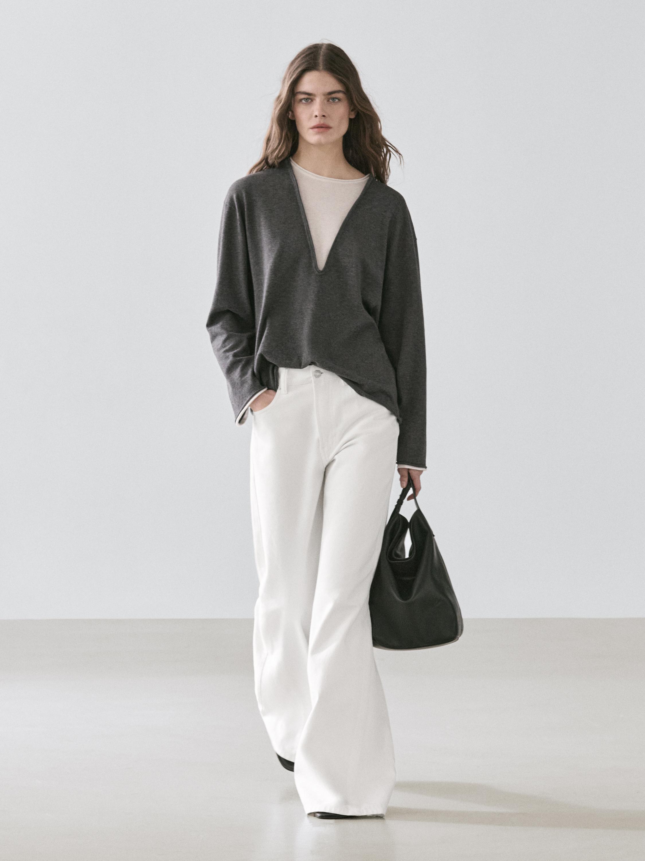 Cotton blend knit sweater with contrast fabric — CHARCOAL