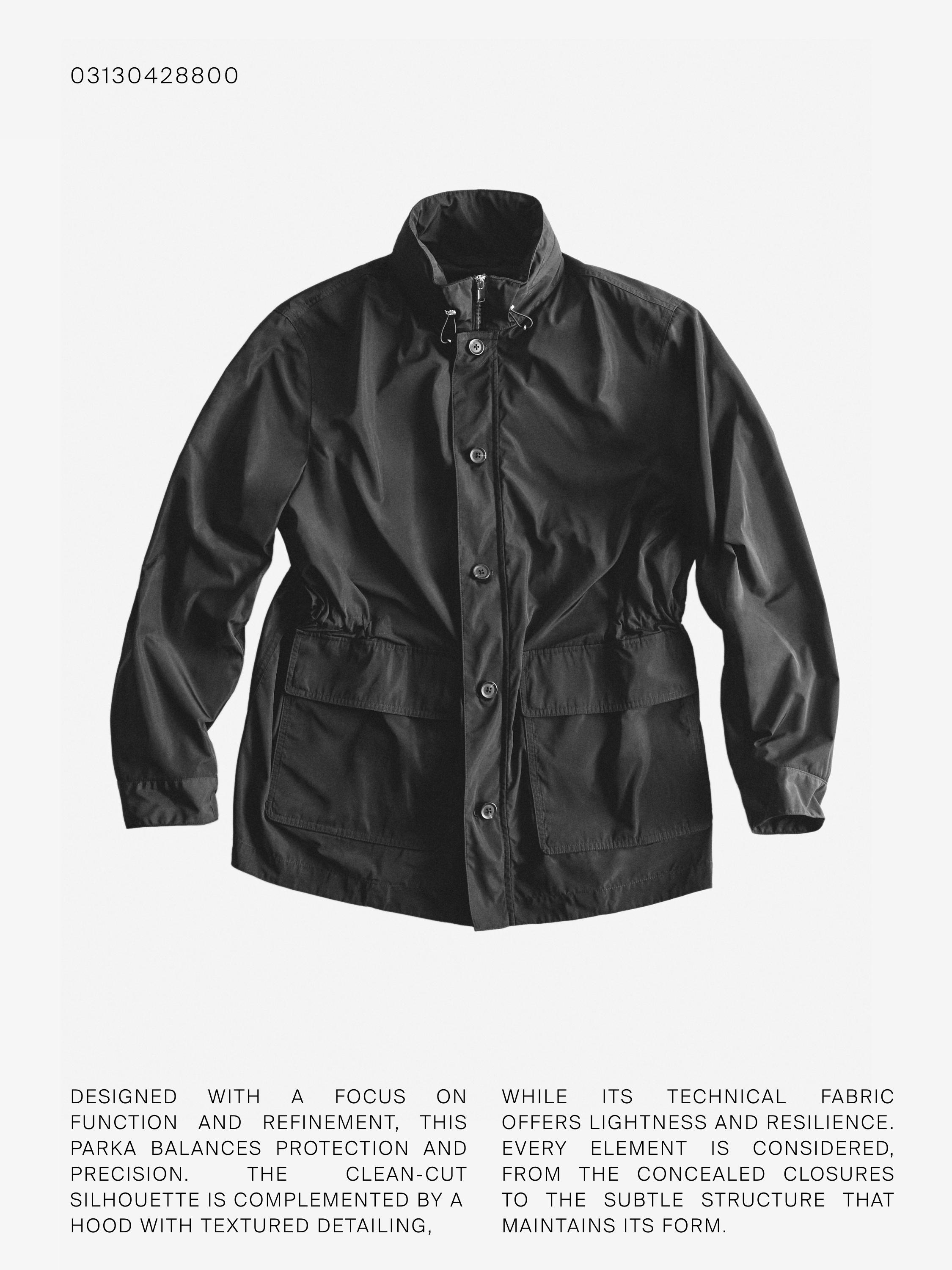 Hooded parka with fabric detail — BLACK