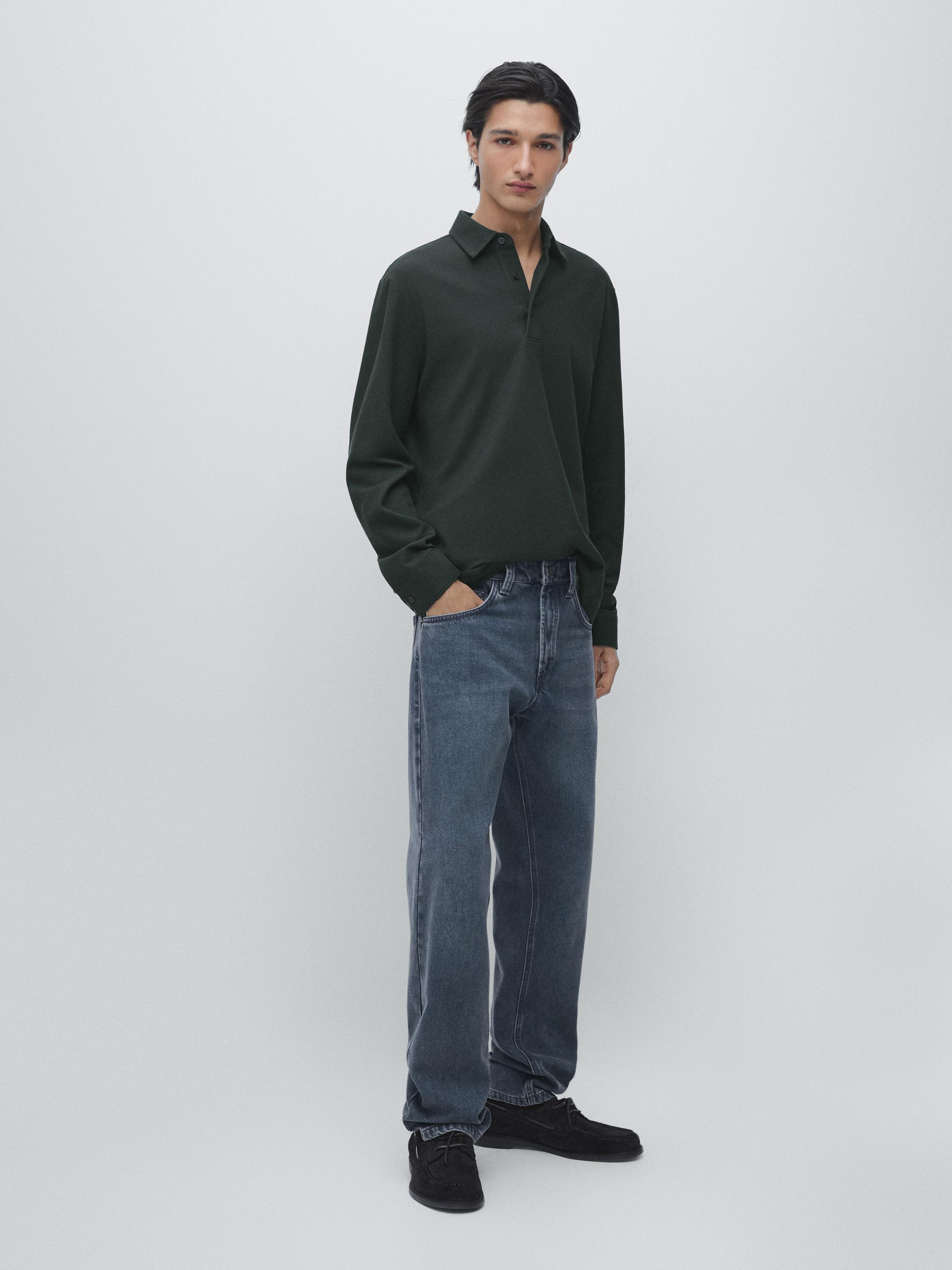 Polo texturé en piqué à manches longues