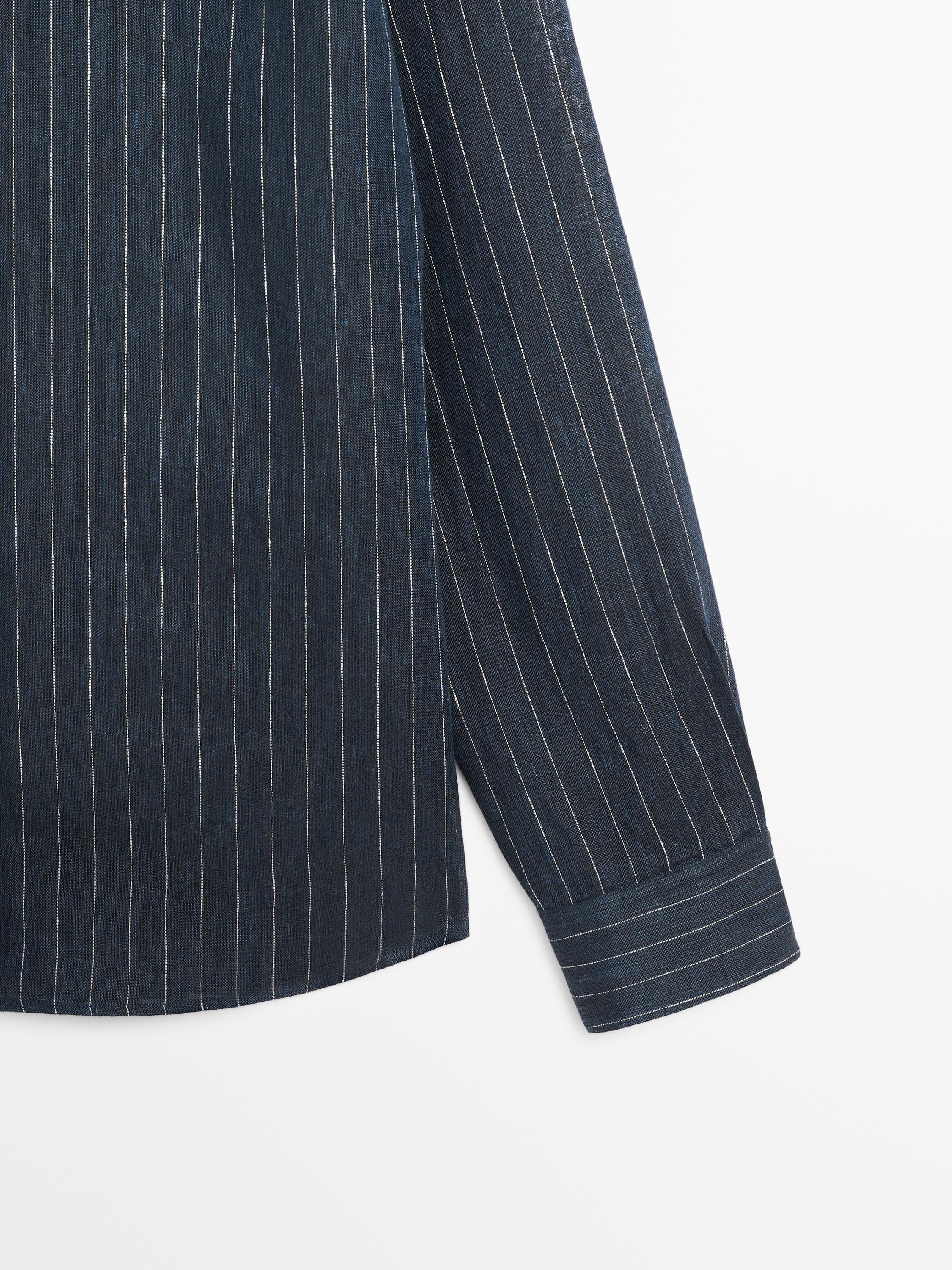 Regular fit striped linen shirt — NAVY BLUE