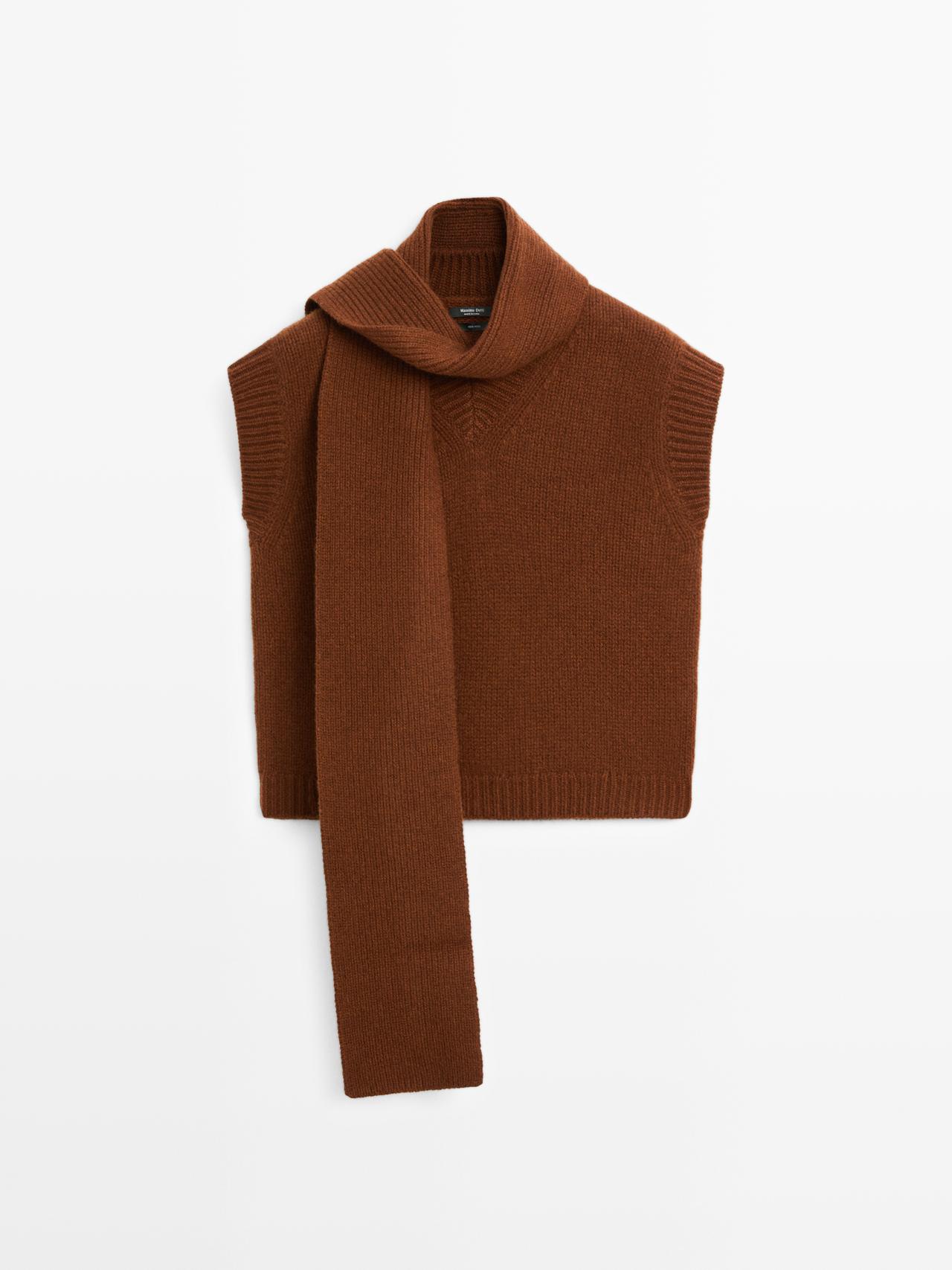 Massimo Dutti - Dame - Strikket Vest Med V-Udskæring Og Tørklæde - Brun - Xs