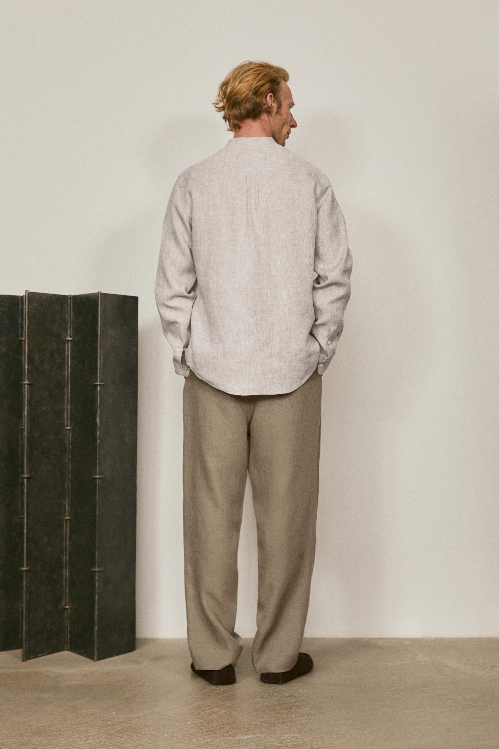 Relaxed fit 100% linen shirt with stand collar - LIMITED EDITION — SAND