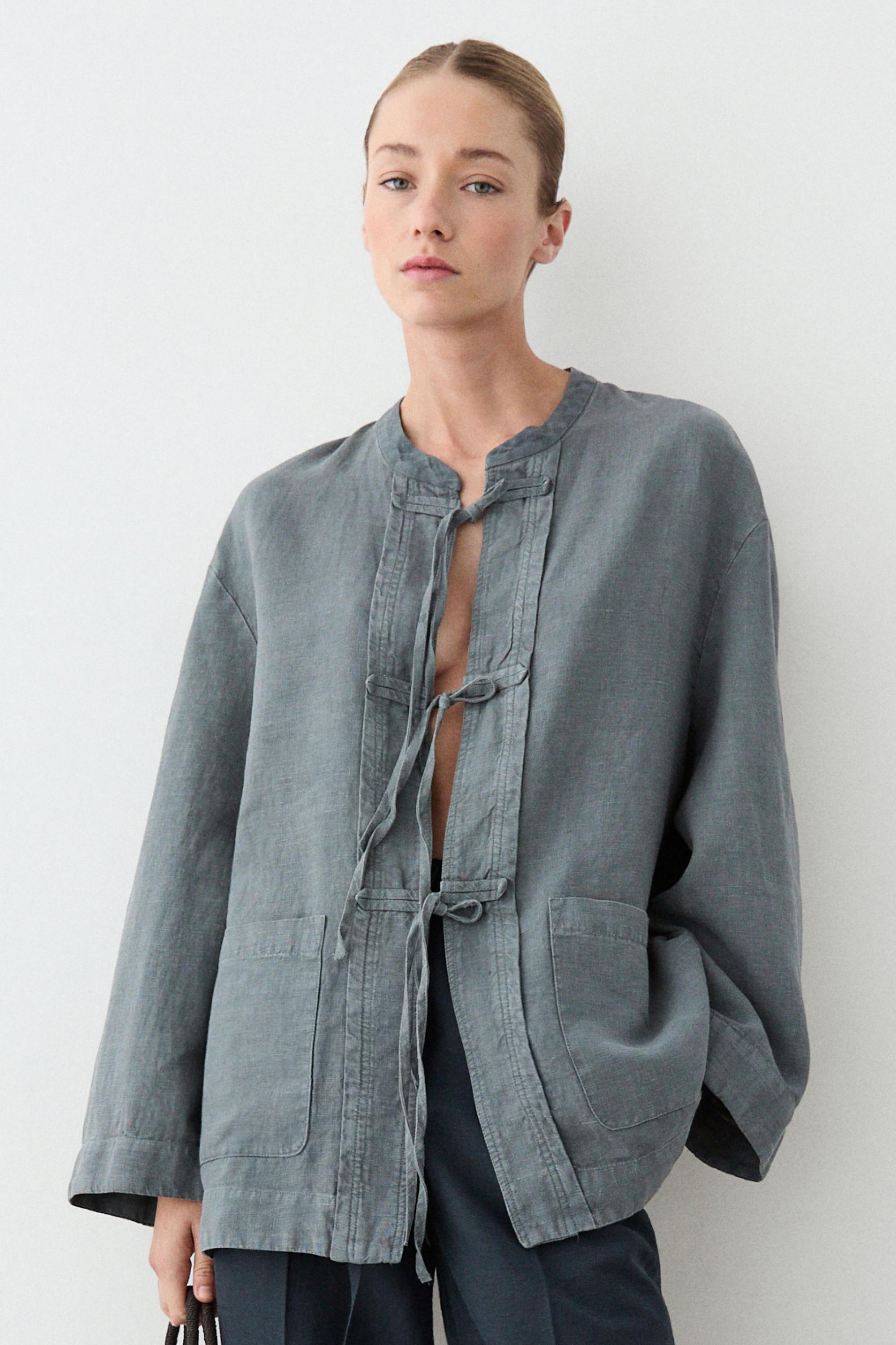 100% linen kimono with bows — BLUE