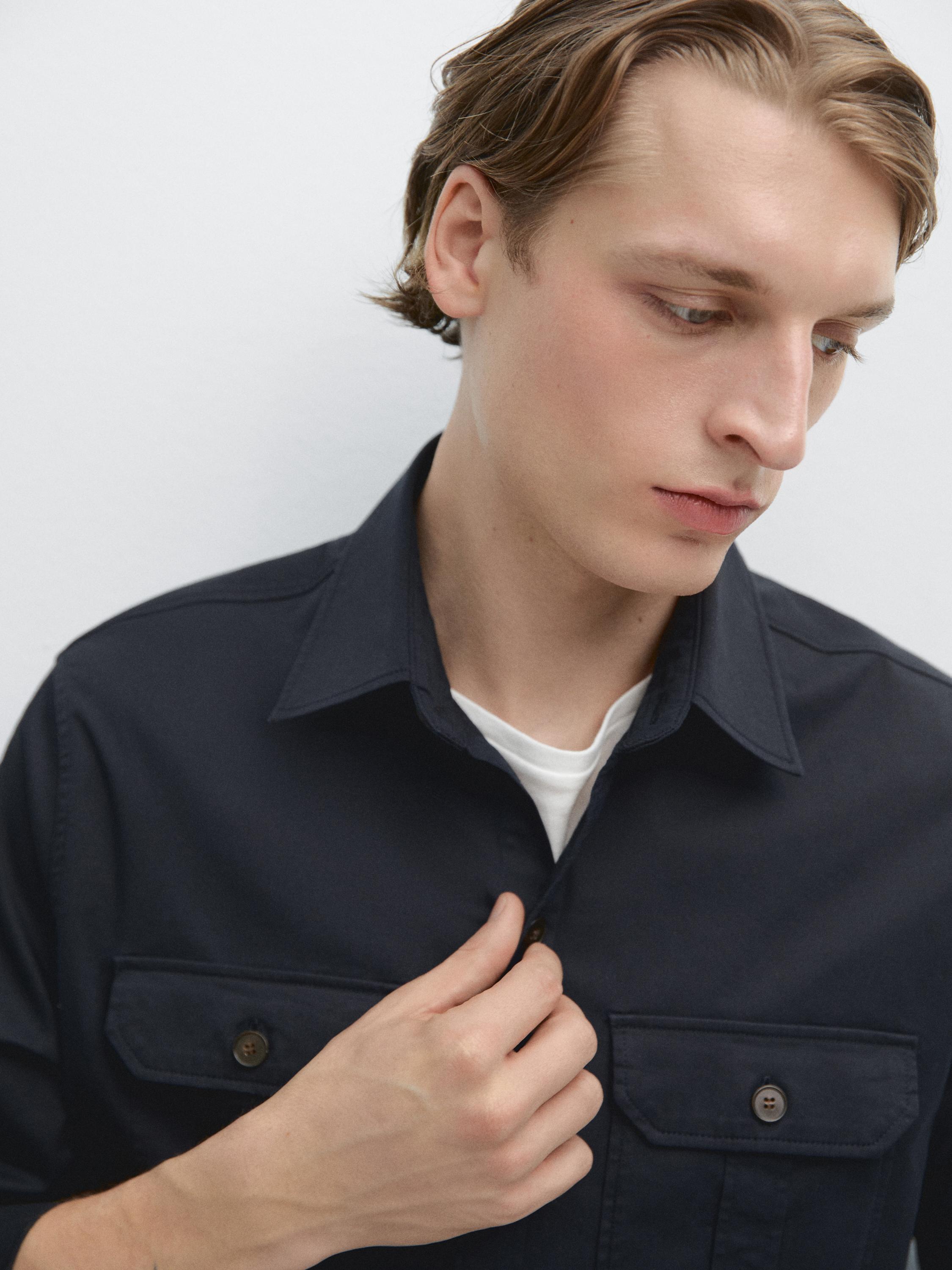 Cotton blend overshirt with pocket detail — NAVY BLUE