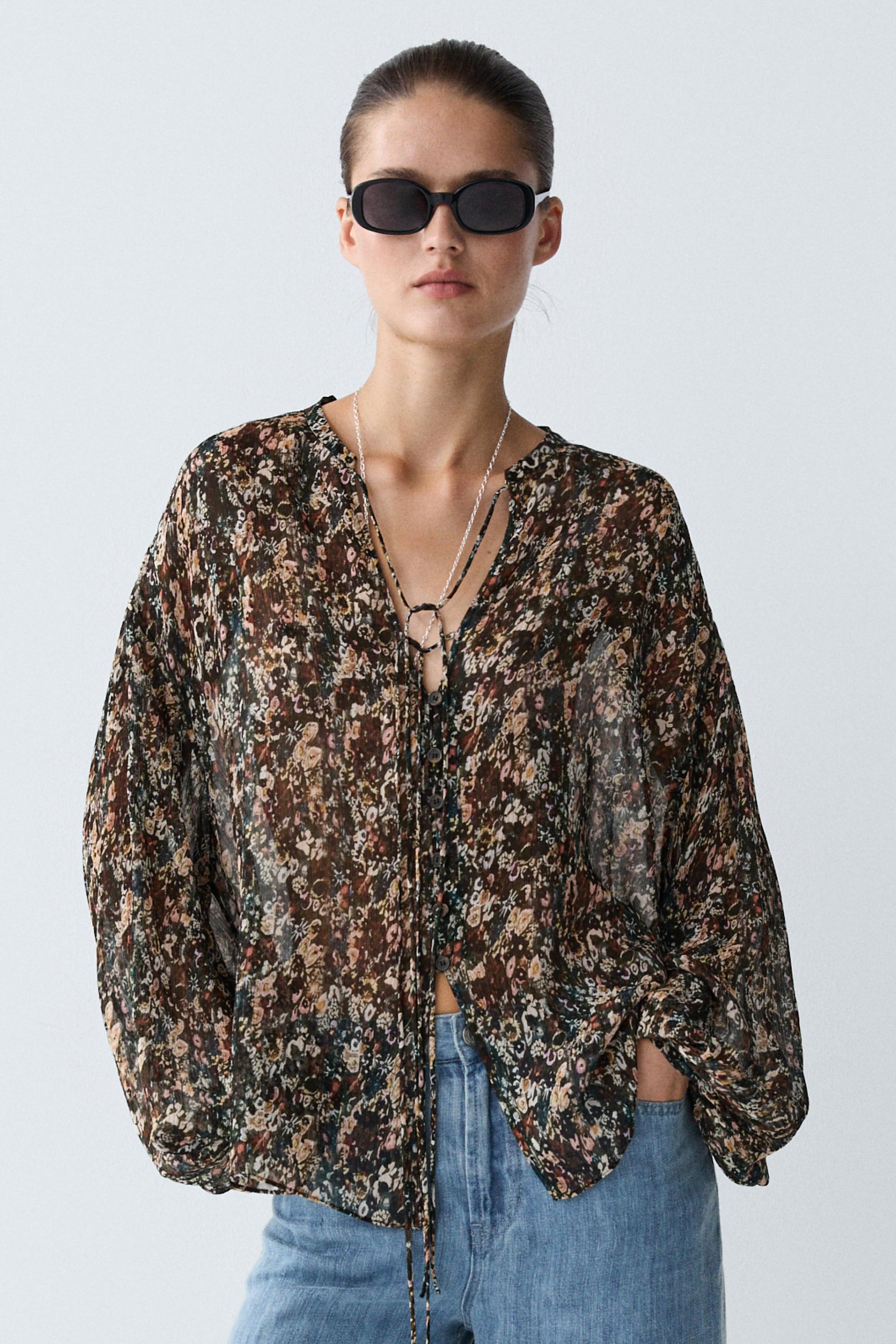 Floral print flowing shirt — BLACK