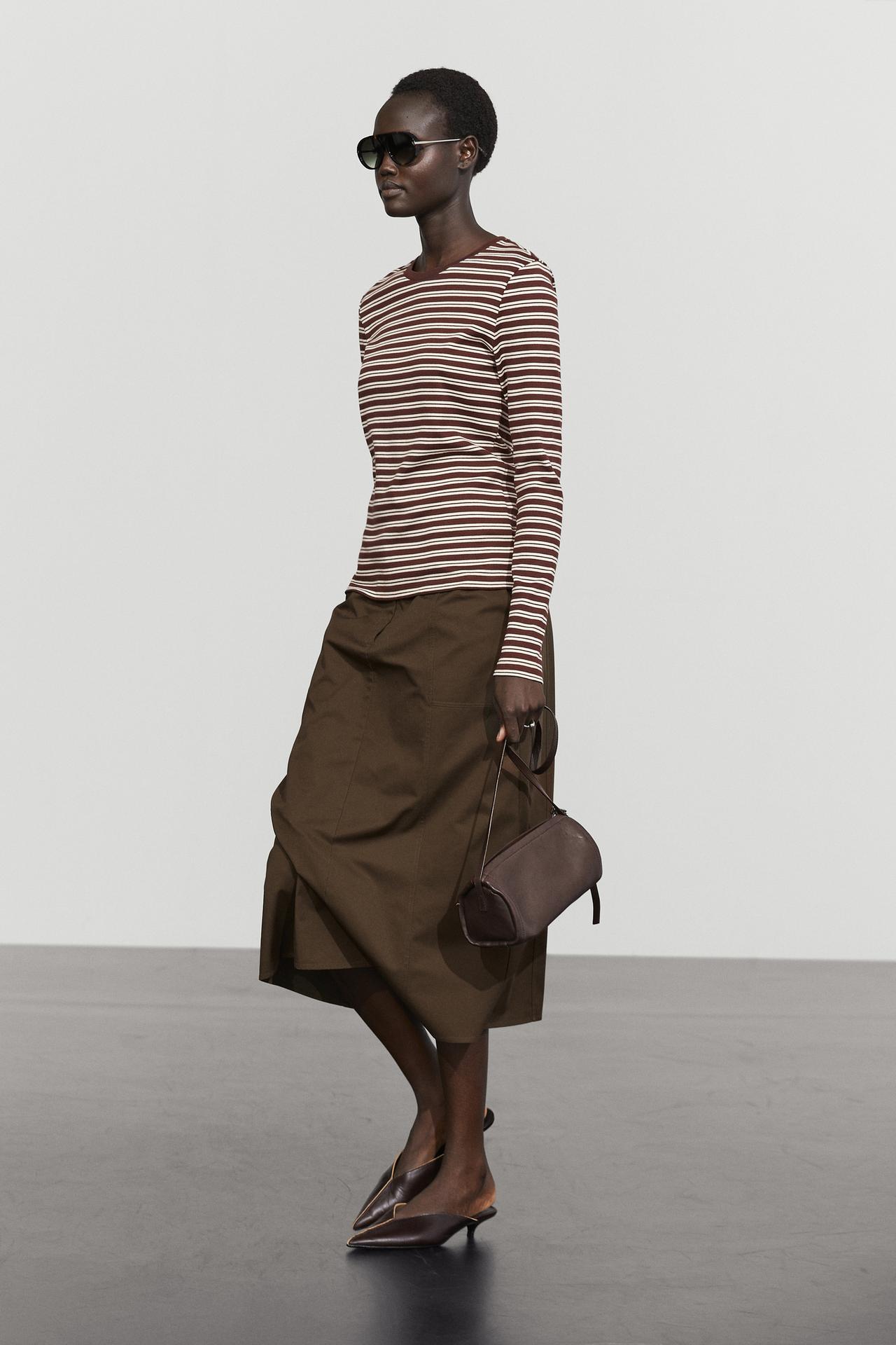 100% cotton striped T-shirt — BROWN