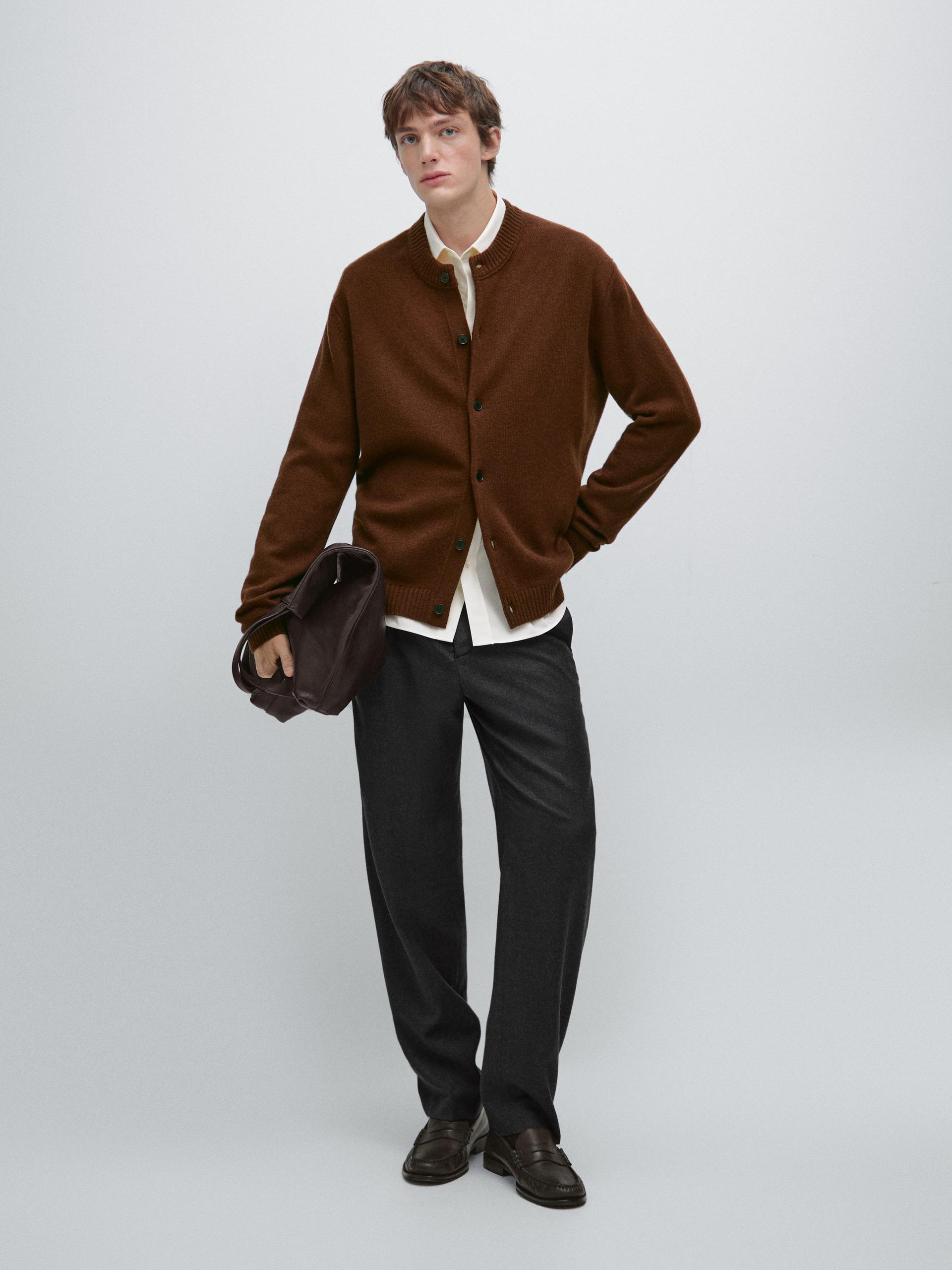 Cardigan 100 % Laine À Col Rond - Terre Cuite - L - Massimo Dutti - Homme