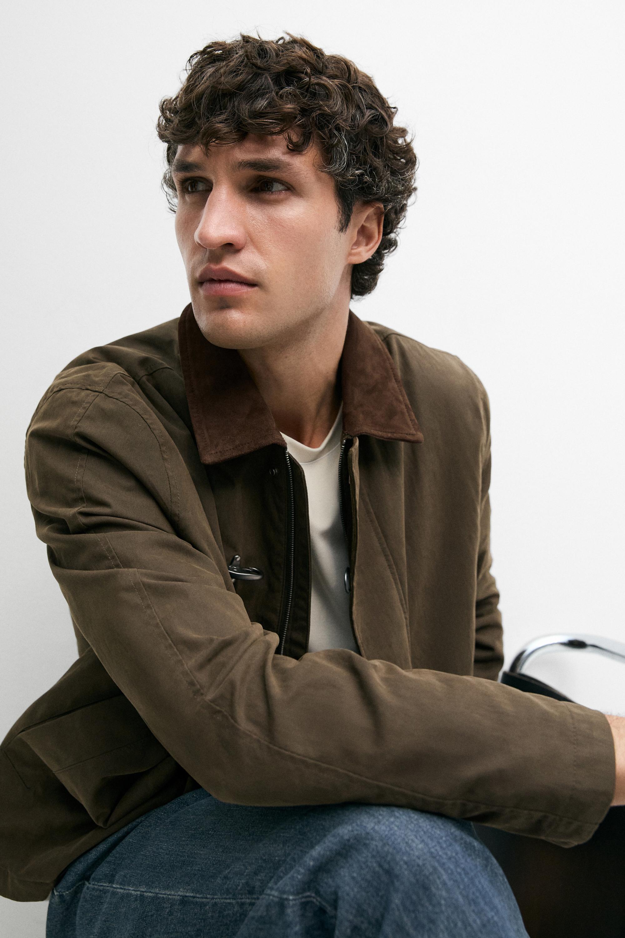 Jacket with leather collar detail — DARK KHAKI