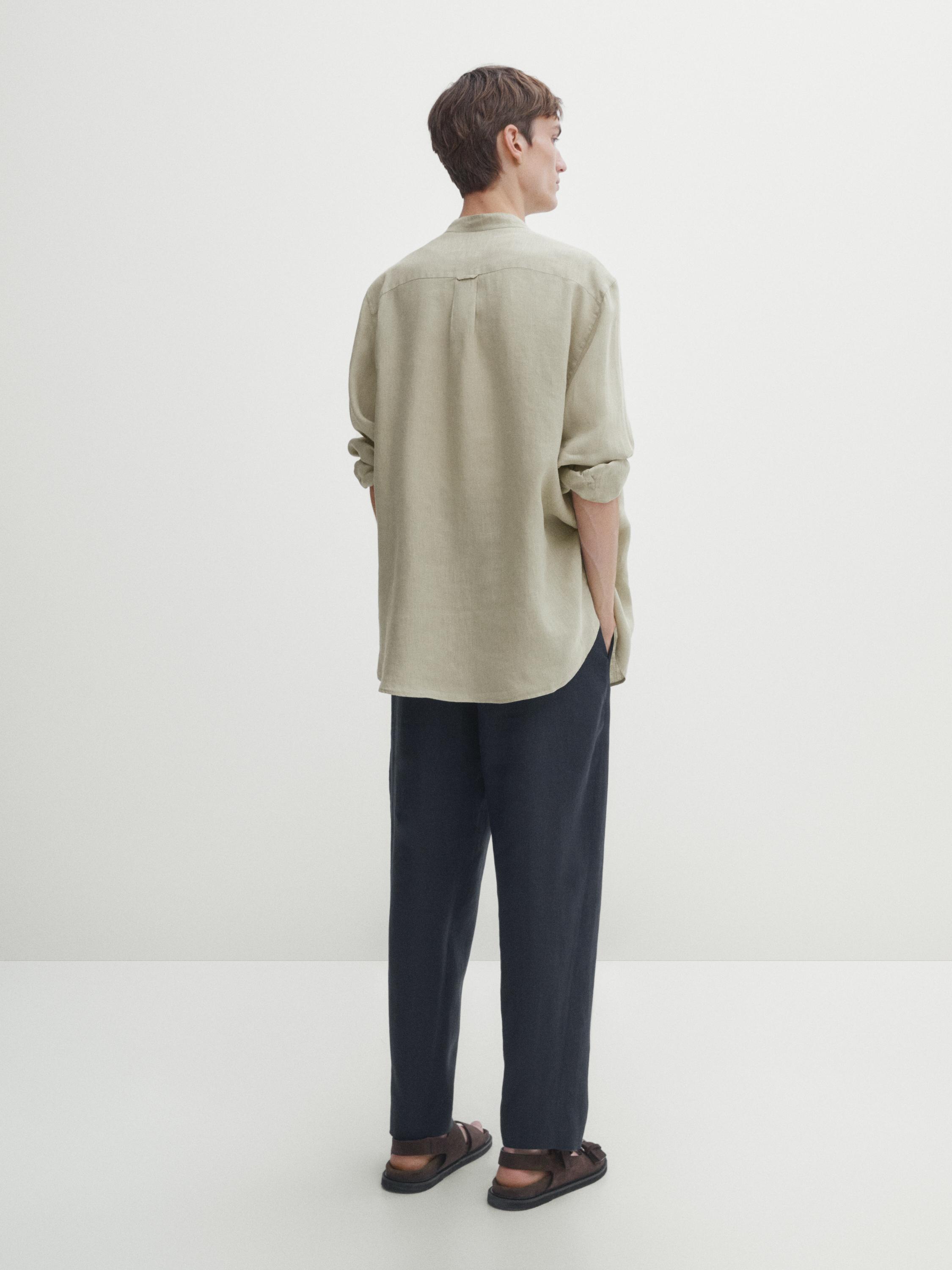 قميص كتان مخطط بقصة عادية وياقة بشريط تثبيت