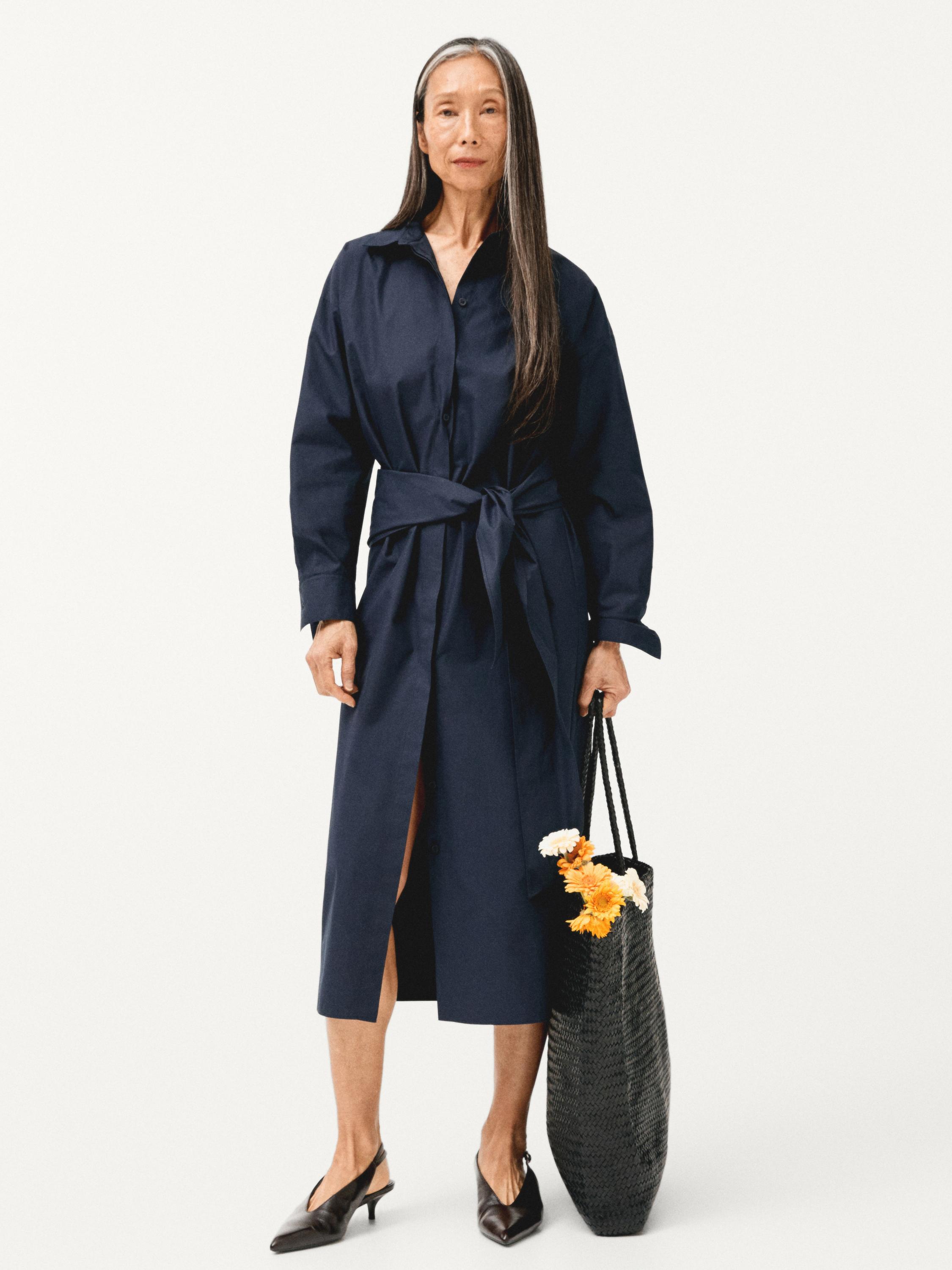 Midi shirt dress with scarf detail — BLUE