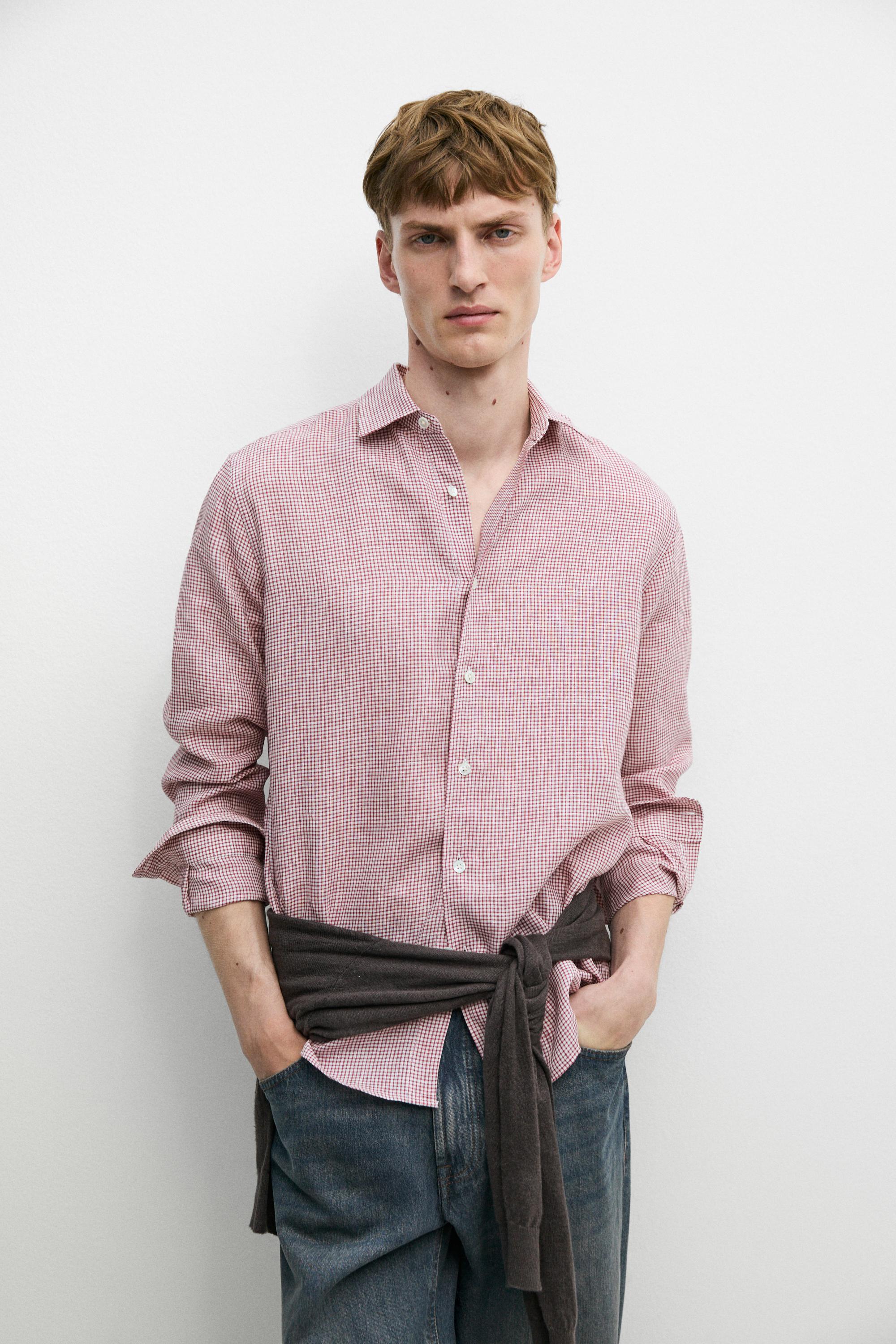 100% linen regular fit micro-checked shirt — BRIGHT RED