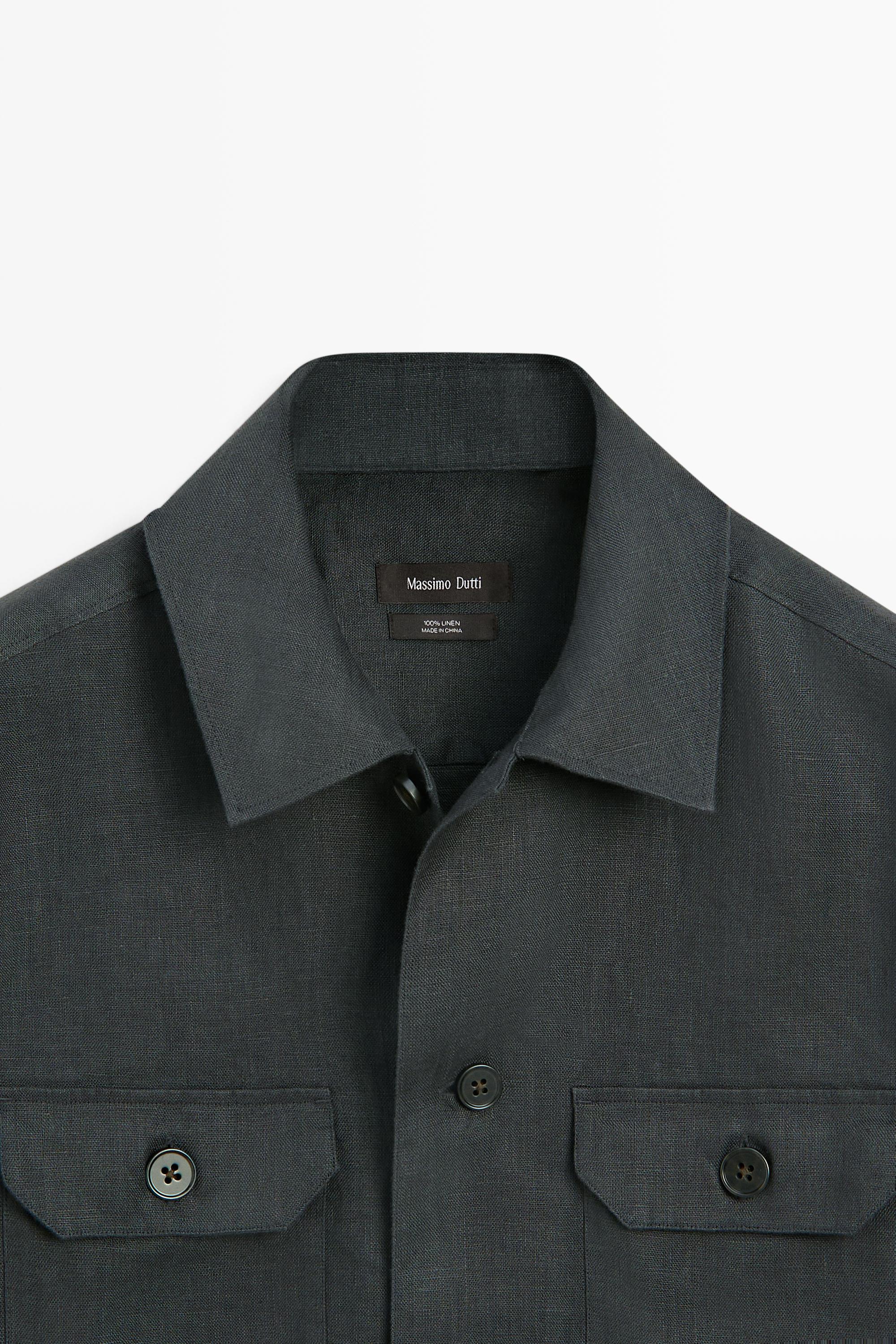 Total look linen overshirt with pockets — PETROL BLUE