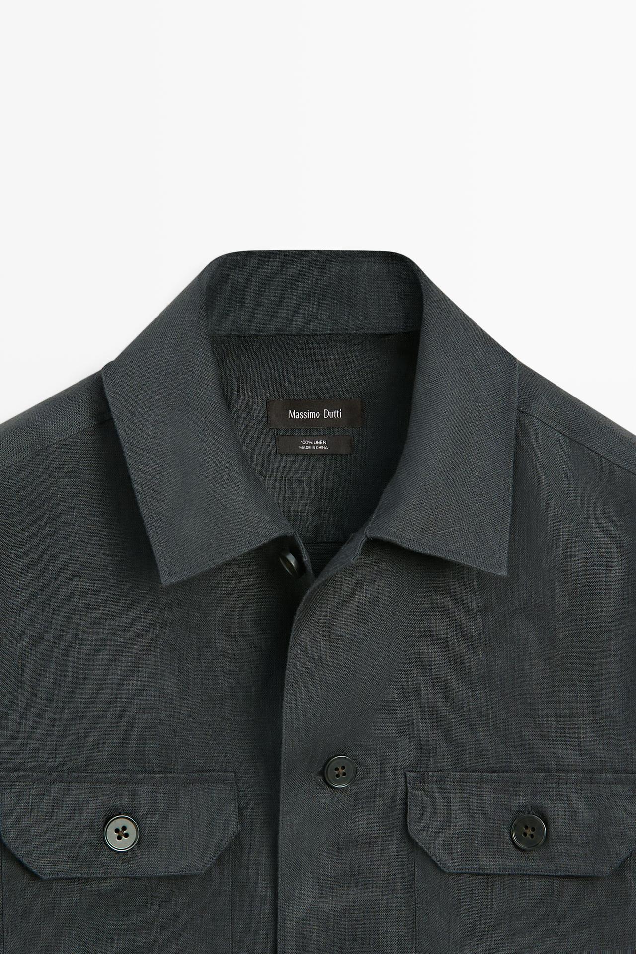 Total look linen overshirt with pockets — PETROL BLUE