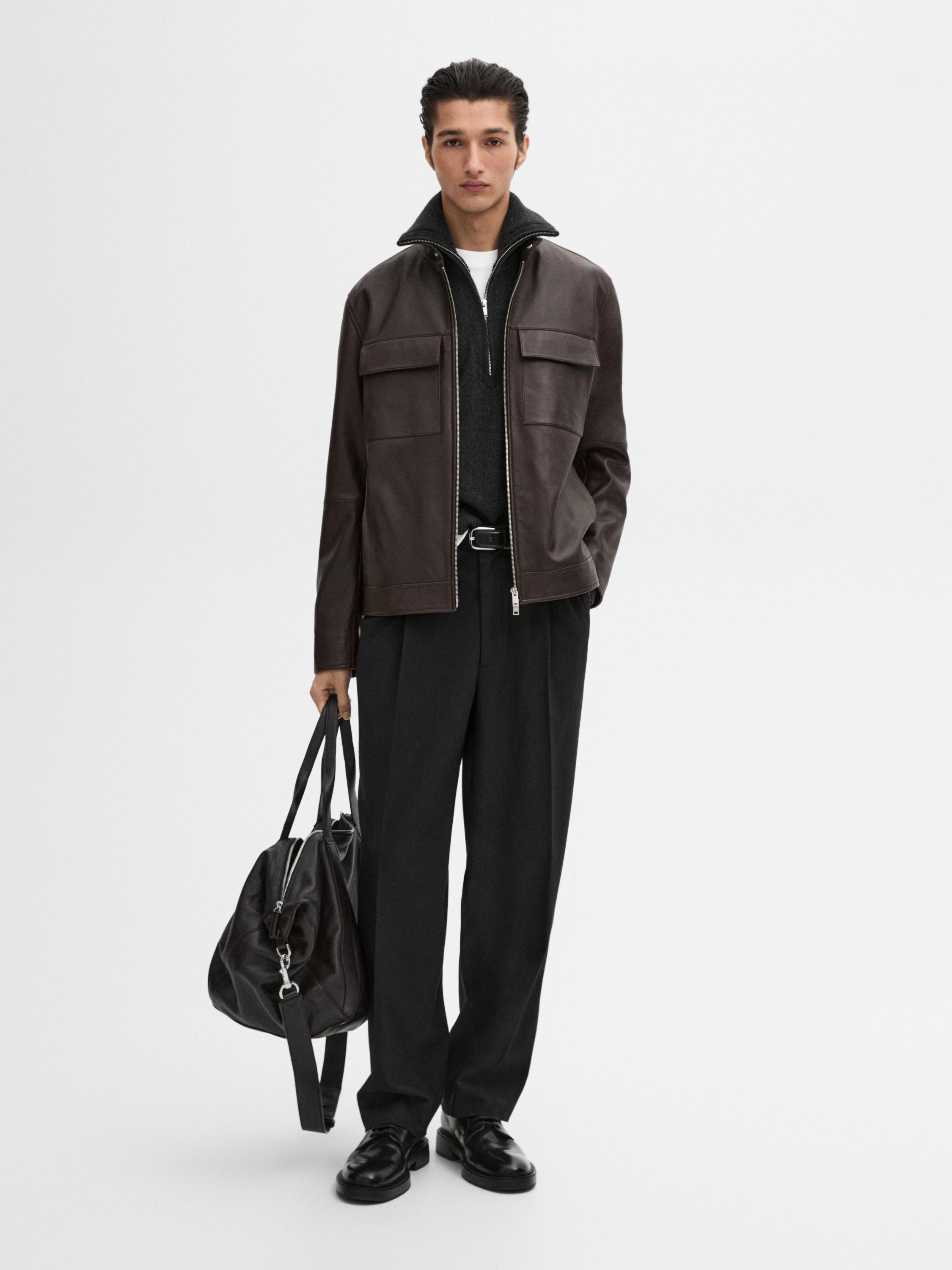 Massimo Dutti Herren Nappa Leder Blouson Jacke Mit Taschen Aus